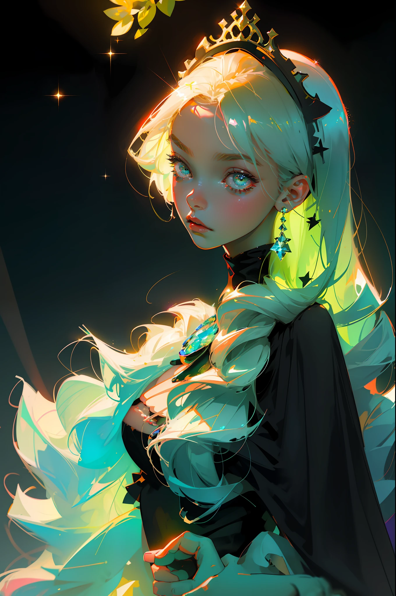 Masterpiece, best quality, super high resolution, fluorescent color,
1 girl, looking at the audience, beautiful face, beautiful eyes, (off-the-shoulder: 1.2), head up, upper body, forest, shiny hair, shiny skin, glowing cut, chibi, finger scale coordination, black starlight dress, particles