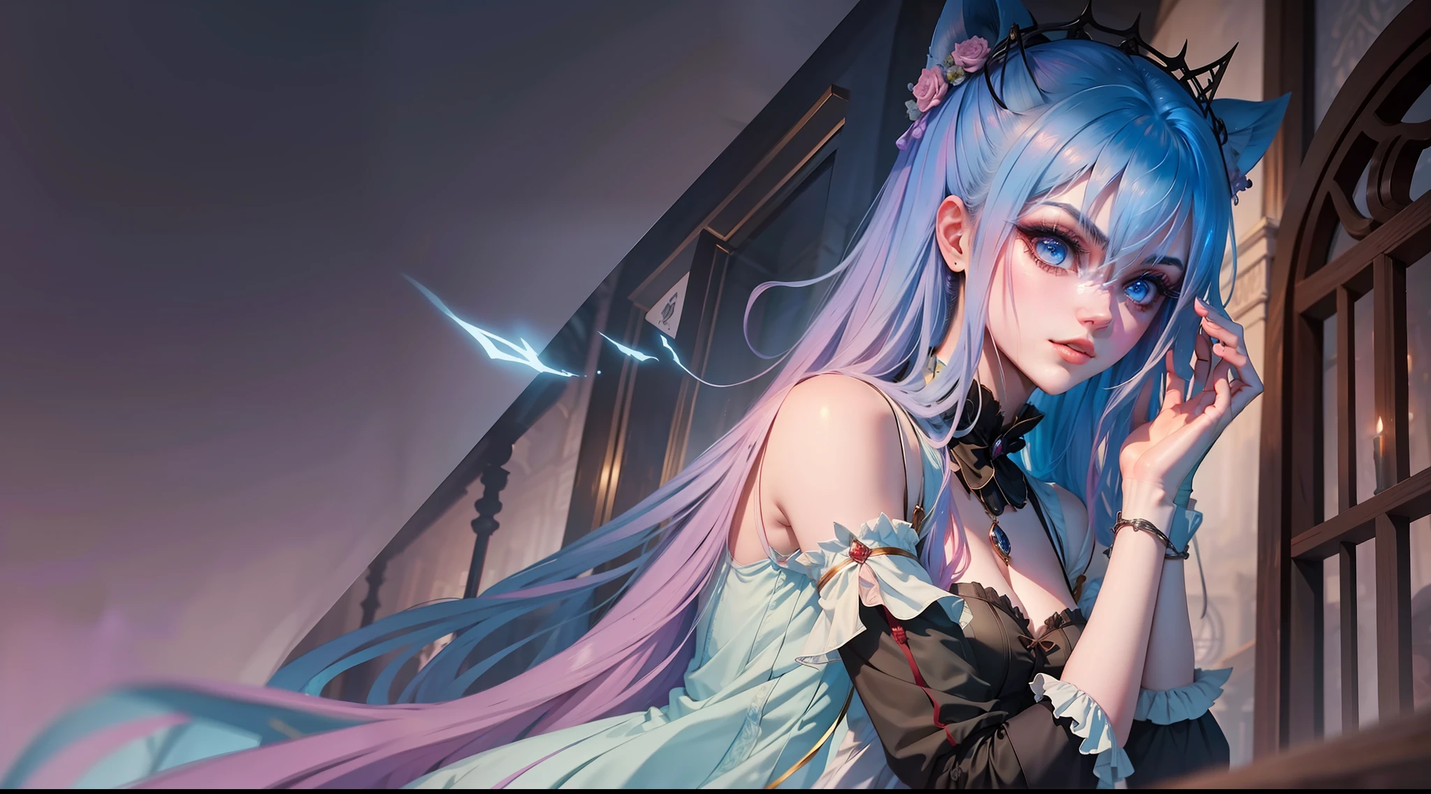 "A Gothic-style anime work from a surrealist perspective, with a classicist approach to depiction, emphasis on chiaroscuro and depth of field, with cinematic lighting effects and Fuji colors. High-resolution textured skin effects down to 3072x3072 in image detail render retina-sharp images a masterpiece. The scene is the court, and the protagonists are the prince and the favored concubine."
