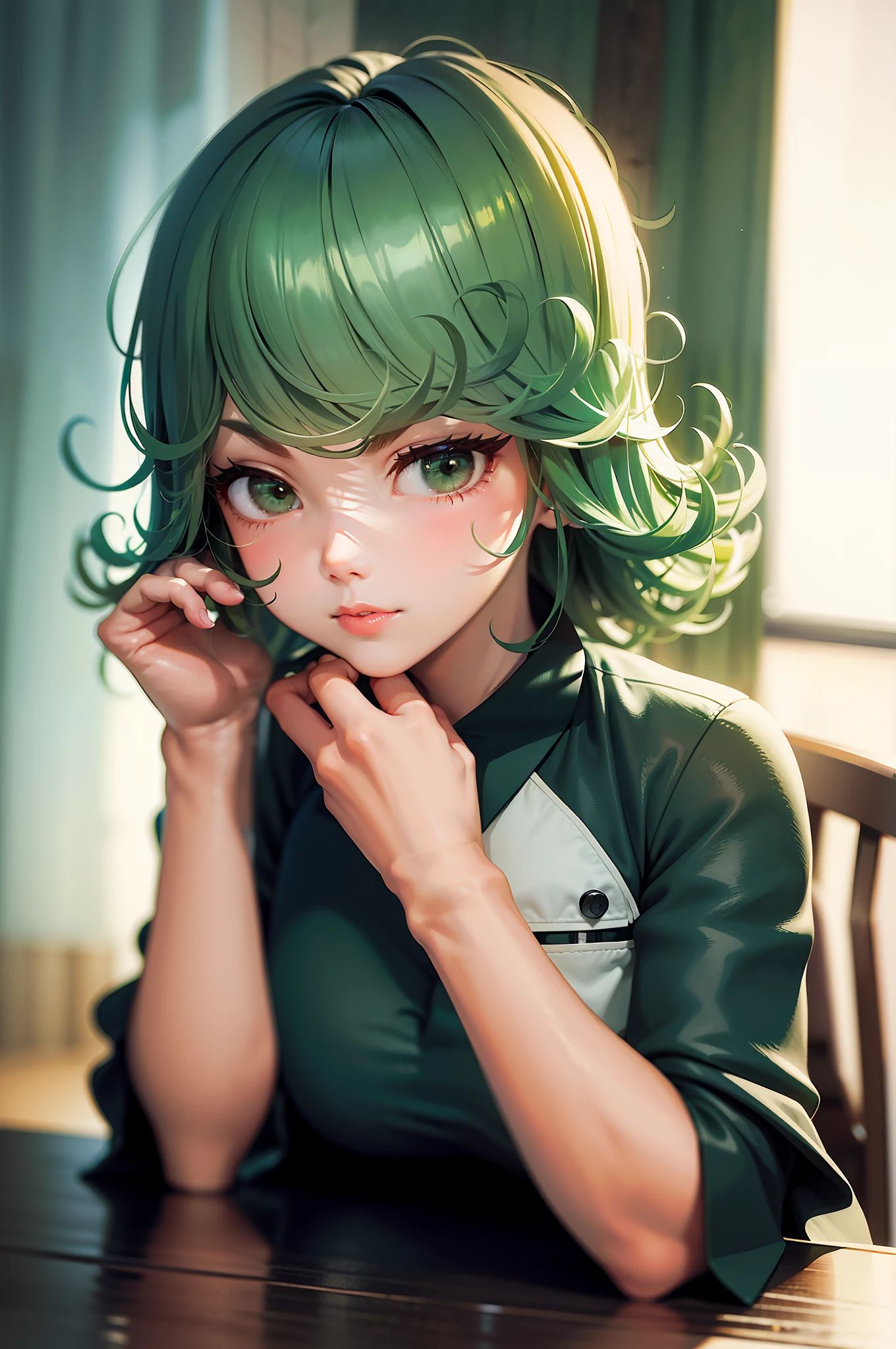 (masterpiece, best quality:1.2), solo, 1girl, tatsumaki, unamused, closed mouth, looking at viewer, hand on our face, sitting, 她穿着敦煌飞天衣服