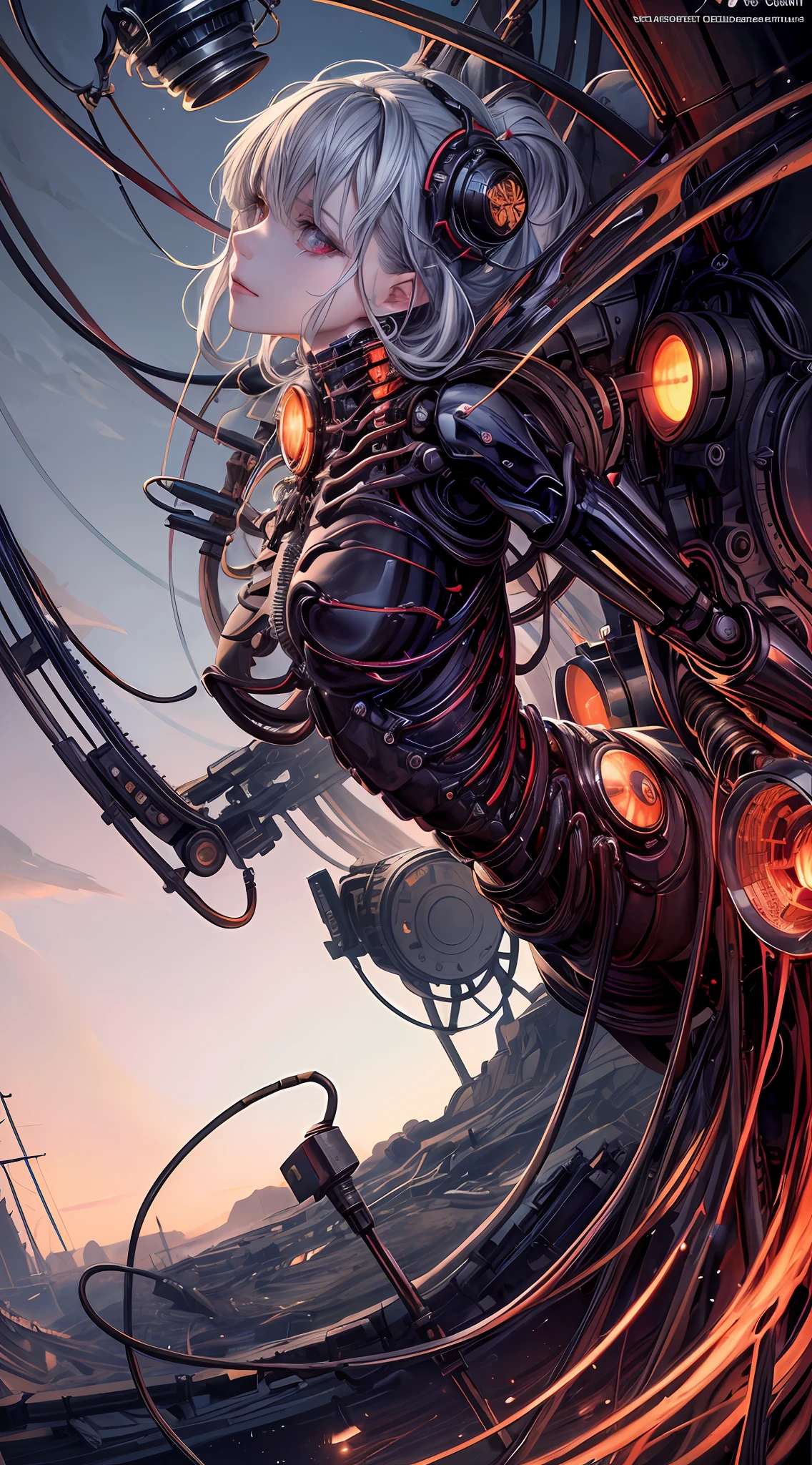 (((Masterpiece))), ((Best Quality)), (Super Detail), (CG Illustration), (Very Evil and Beautiful)), Cinematic Light, (((1 Mechanical Girl)), Single, (Mechanical Art: 1.4), ((Mechanical limb)), (Blood vessel attached to a tube), ((Mechanical spine attached to the back)), ((Mechanical cervical vertebrae attached to the neck), (Back to the viewer)), distressed expression, crying face, (wires and cables attached to head and body: 1.5), science fiction, apocalypse, ruins, (lower body integrated with mechanical devices), (blood: 1.5), cruelty, absurdity, eroticism, fusion with machines, doomsday, super future, inorganic, laboratory, restraint, (beautiful indulgence: 1.2), (1 girl: 1.3), body wrapped around mechanical tentacles