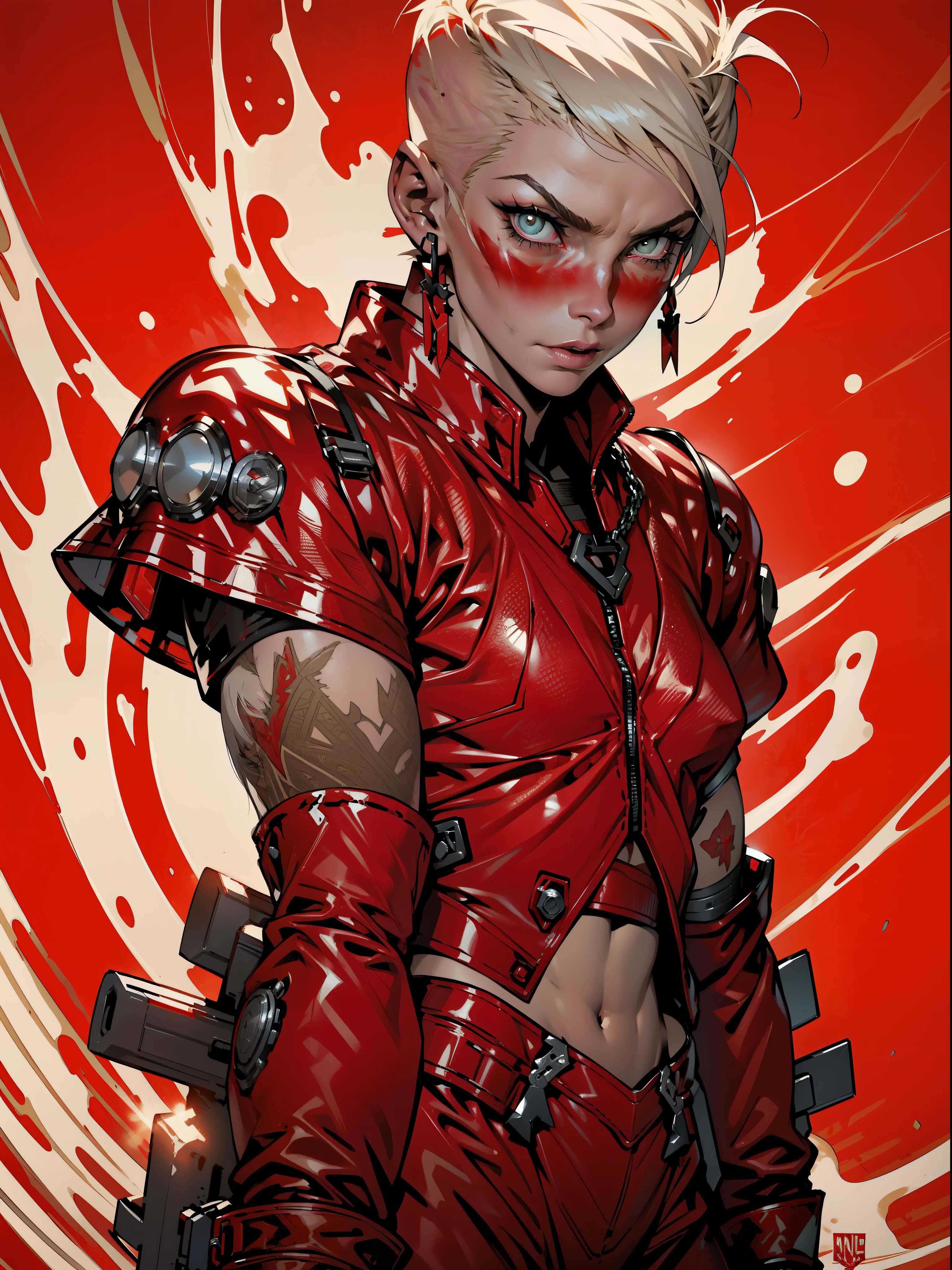 A muscular 35-year-old Russian warrior woman almost naked in the Simon Bisley style for the cover of Heavy Metal magazine, super short blonde hair, Minimum clothing, red carbon fiber armor in hexagonal pattern stained with ink, ((((red clothing))), (((short-cut))), ((Annie Lennox))