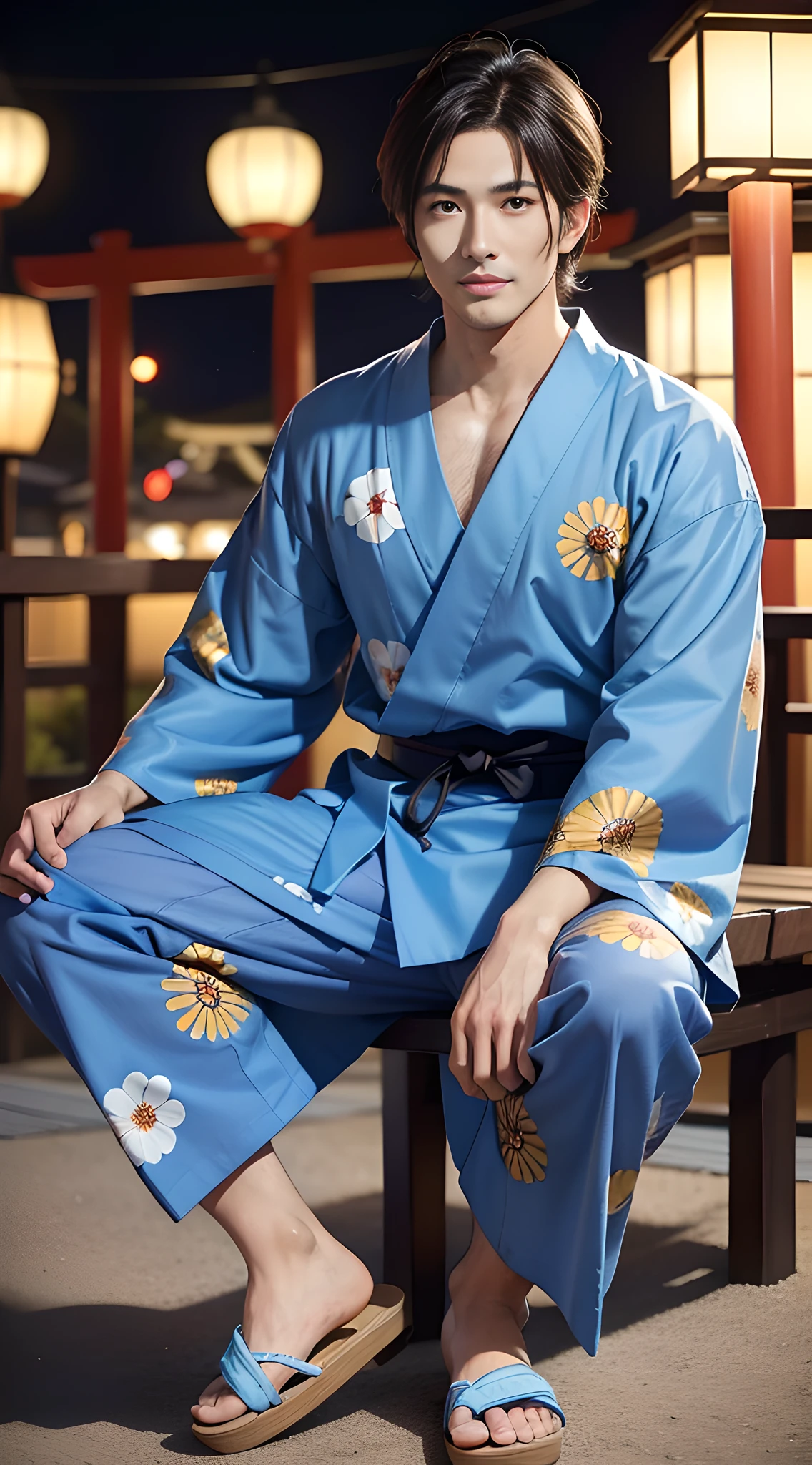(head shot), (in his 30's of age), (spread his legs), one tanned tall handsome muscular man in his 30's, wearing blue Japanese YUKATA, A men's yukata is a casual Japanese summer garment. It is typically made of lightweight cotton or linen fabric and has a loose, kimono-style design. The yukata is worn by men for various occasions, such as summer festivals, fireworks displays, or relaxing at traditional hot spring resorts. It features a simple, straight-cut silhouette, with wide sleeves and a wraparound style secured by a narrow belt called an "obi." Men's yukata designs often incorporate traditional patterns, such as stripes, geometric motifs, or nature-inspired prints. When wearing a yukata, men may pair it with geta sandals and complete the look with a simple accessory like a folding fan. The yukata provides a comfortable and stylish option for men to enjoy the summer season in Japan. many fireworks in the background, mischievous smile, (high detail:1 1)、big male genitals under bikini, Natural muscle、highly quality、beautiful eye、(detailed face and eyes)、(faceless:1 2)、noise、real photo、...PSD、sharp focus、high resolution 8k、Realistic and professional photos、8K UHD、soft lighting、highly quality、film grain、Fujifilm XT3