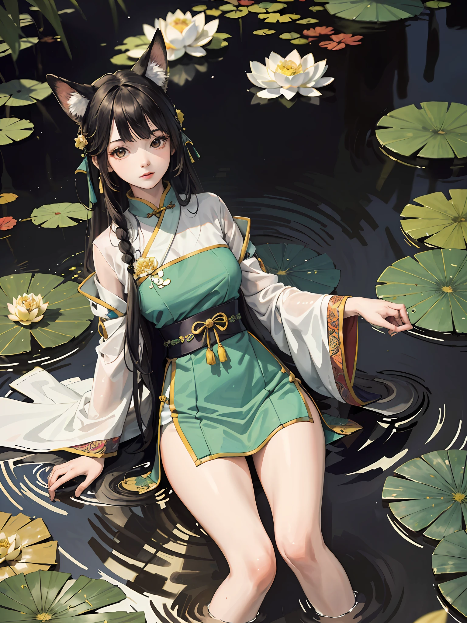 absurdres, highres, ultra detailed, (1girl:1.3), hand drawn, simple line, 16yo girl in colorful Chinese Hanfu, beautiful girl with fox ears, lying in the huge lotus leave, at the lotus pond, masterpiece, sitting in water, floating clothes, floating hair