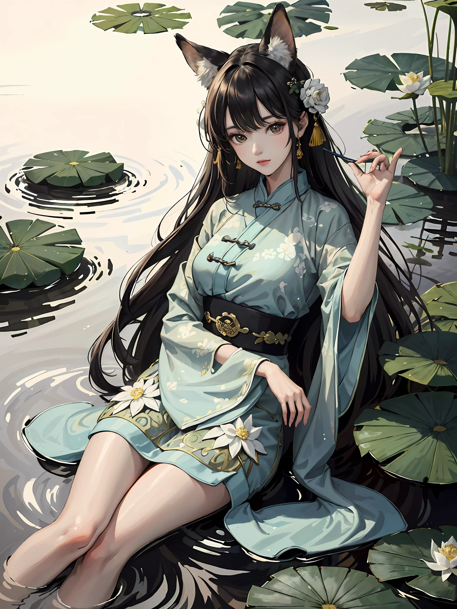 absurdres, highres, ultra detailed, (1girl:1.3), hand drawn, simple line, girl in colorful Chinese Hanfu, beautiful girl with fox ears, lying in the huge lotus leave, at the lotus pond, masterpiece, sitting in water, floating clothes, floating hair
