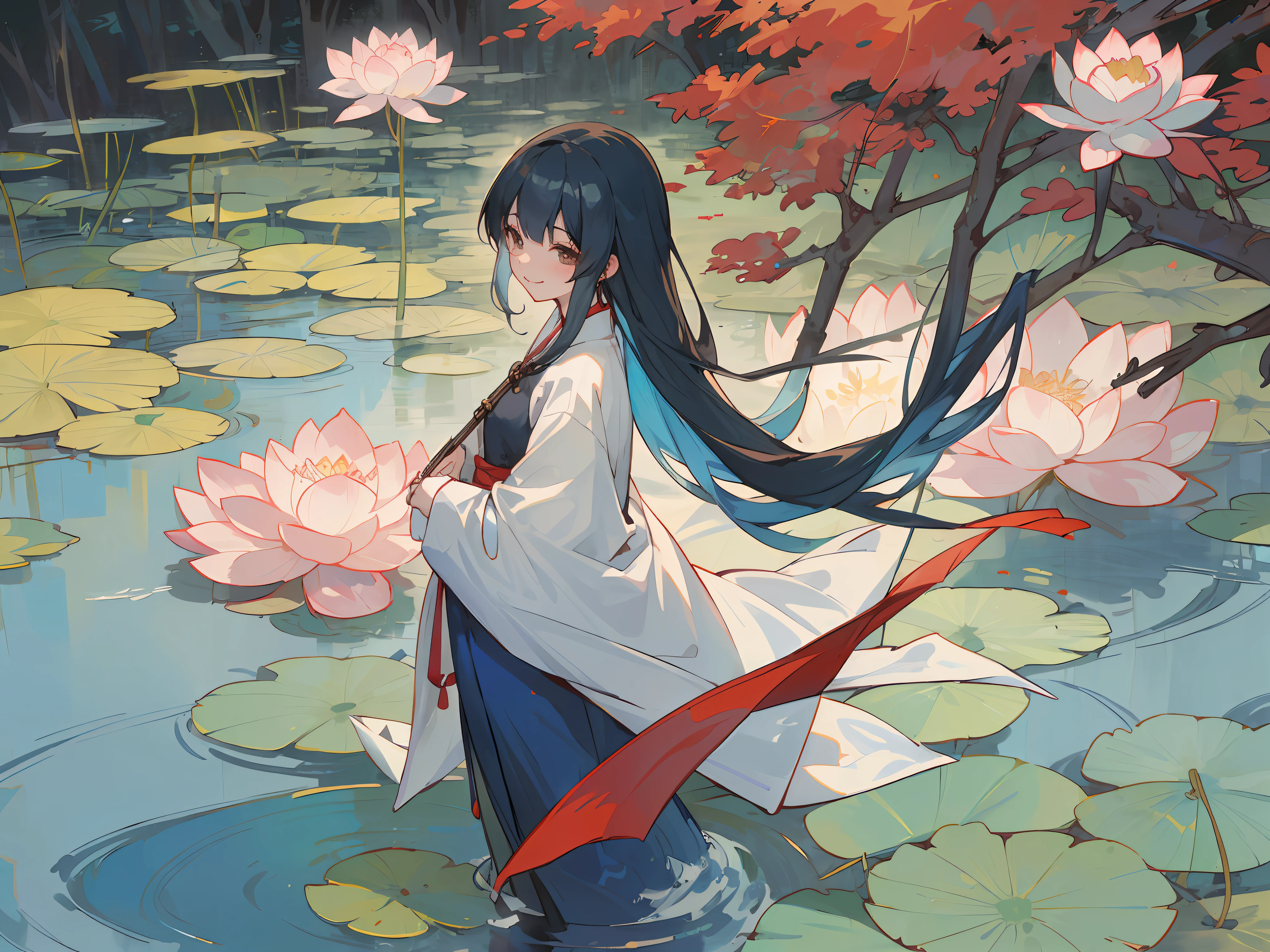 ((4k,masterpiece,best quality)), shuimobysim, traditional chinese ink painting, lotus, hanfu, maxiskit, dress conservatively 1girl, solo, long blue hair, smile, standing, feet in the water, barefoot,