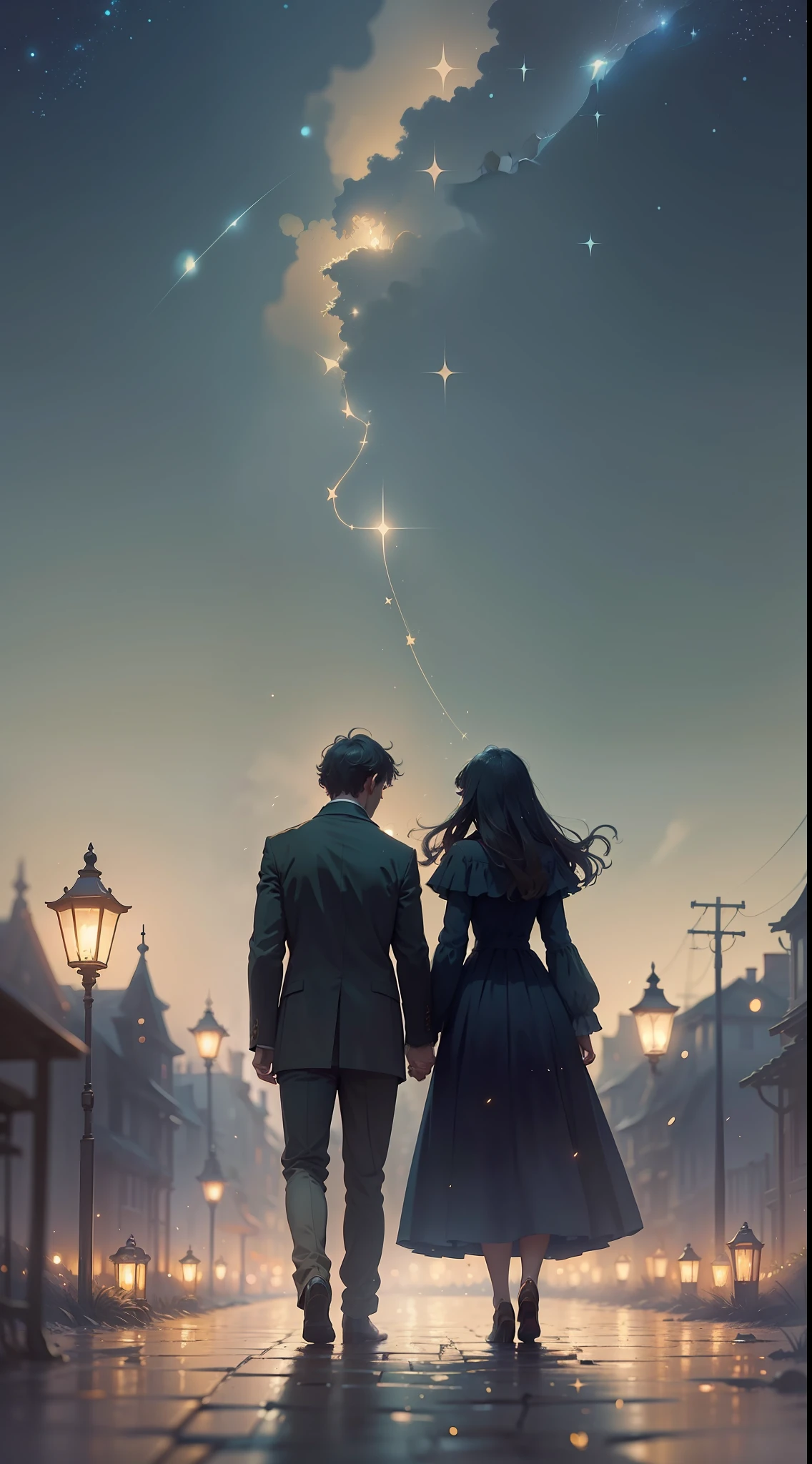 there are two people that are looking at the stars, inspired by Jakub Schikaneder, inspired by Pascale Campion, art concept for a book cover, summer night, torches and fireflies, novel cover art for a book, holding hands in the moonlight, beneath the stars, with stars, fireflies, book cover illustration, looking at the stars