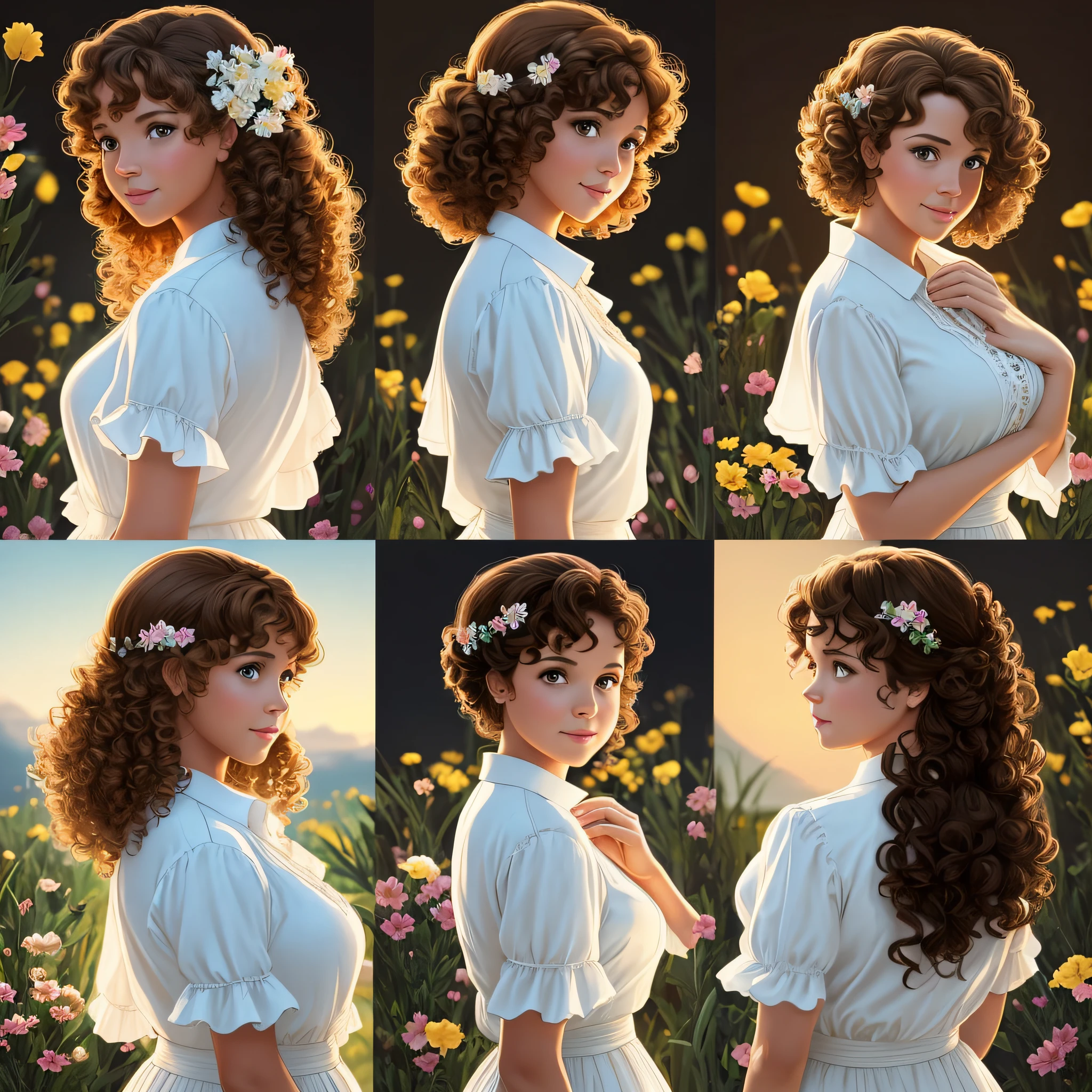 Series of four images silhouette of the character Christian mother of 35 years with curly brown hair brown brown with blonds, light brown skin, cheeky, chubby. She's in a flowery white blouse. She's on her back. Disney illustration style. View from the back. Character poses on his back. bright backlight. back of the whole body. --auto --s2