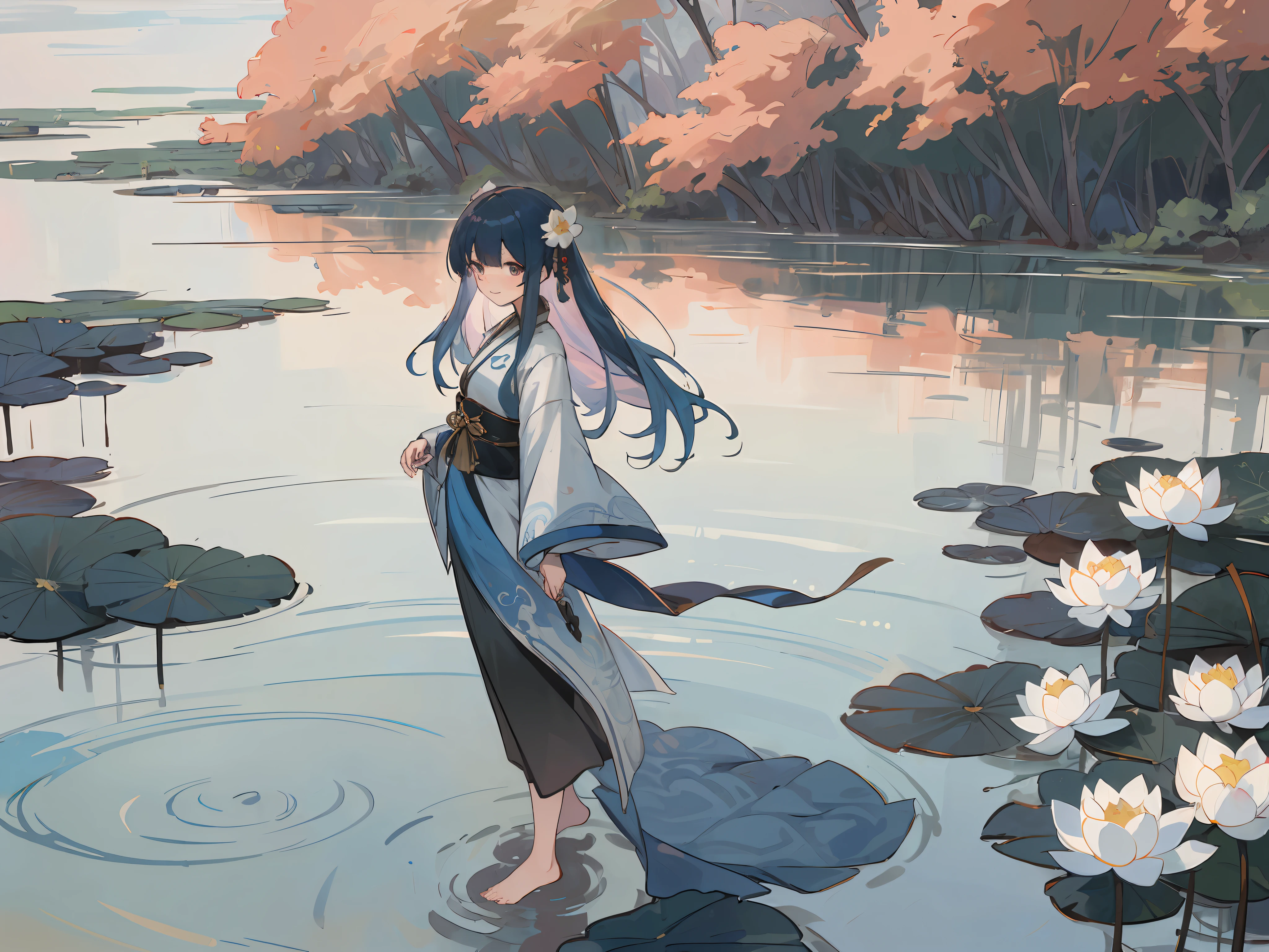 ((4k,masterpiece,best quality)), shuimobysim, traditional chinese ink painting, lotus, hanfu, maxiskit, dress conservatively 1girl, solo, long blue hair, smile, standing, feet in the water, barefoot,