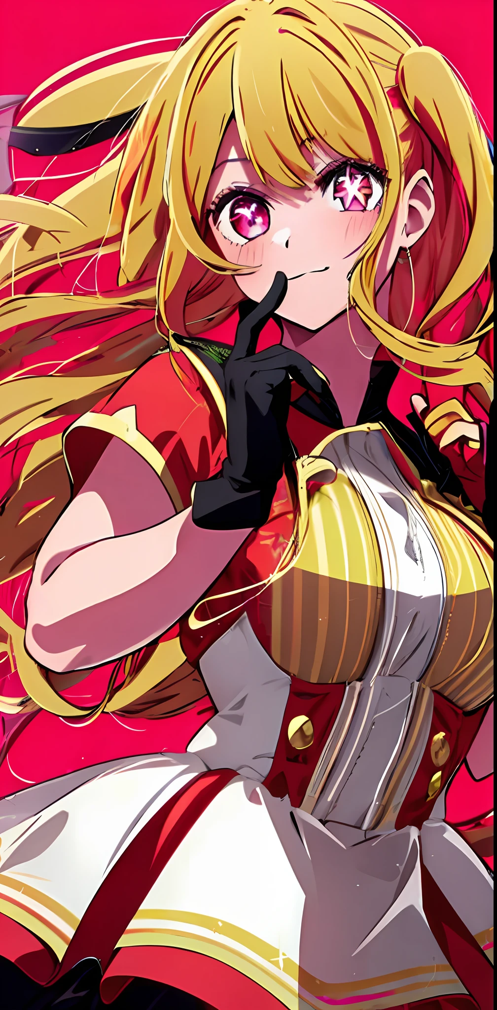 1girl, solo, star-shaped pupils in left eye, orange hair, long hair, pink eyes, multicolored red dress, gloves,, singing, blonde hair, bangs,happy,posing, multicolored hair, (simple background:1.2), (piece signs:1.3), red idol outfit