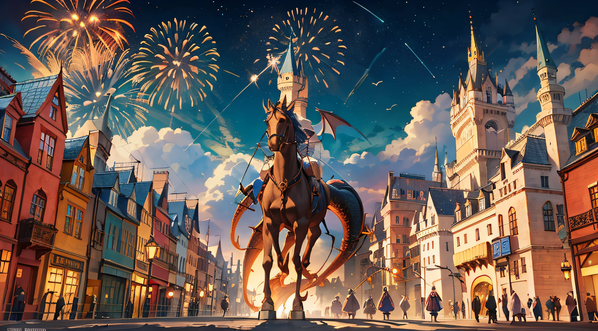 A towering enchanted castle, Medieval street, Pedestrians shuttling, Flying magician riding a broomstick, Dragons flew over the sky, night, Warm tone, Huge magic fireworks, Ghibli style, 8K --S