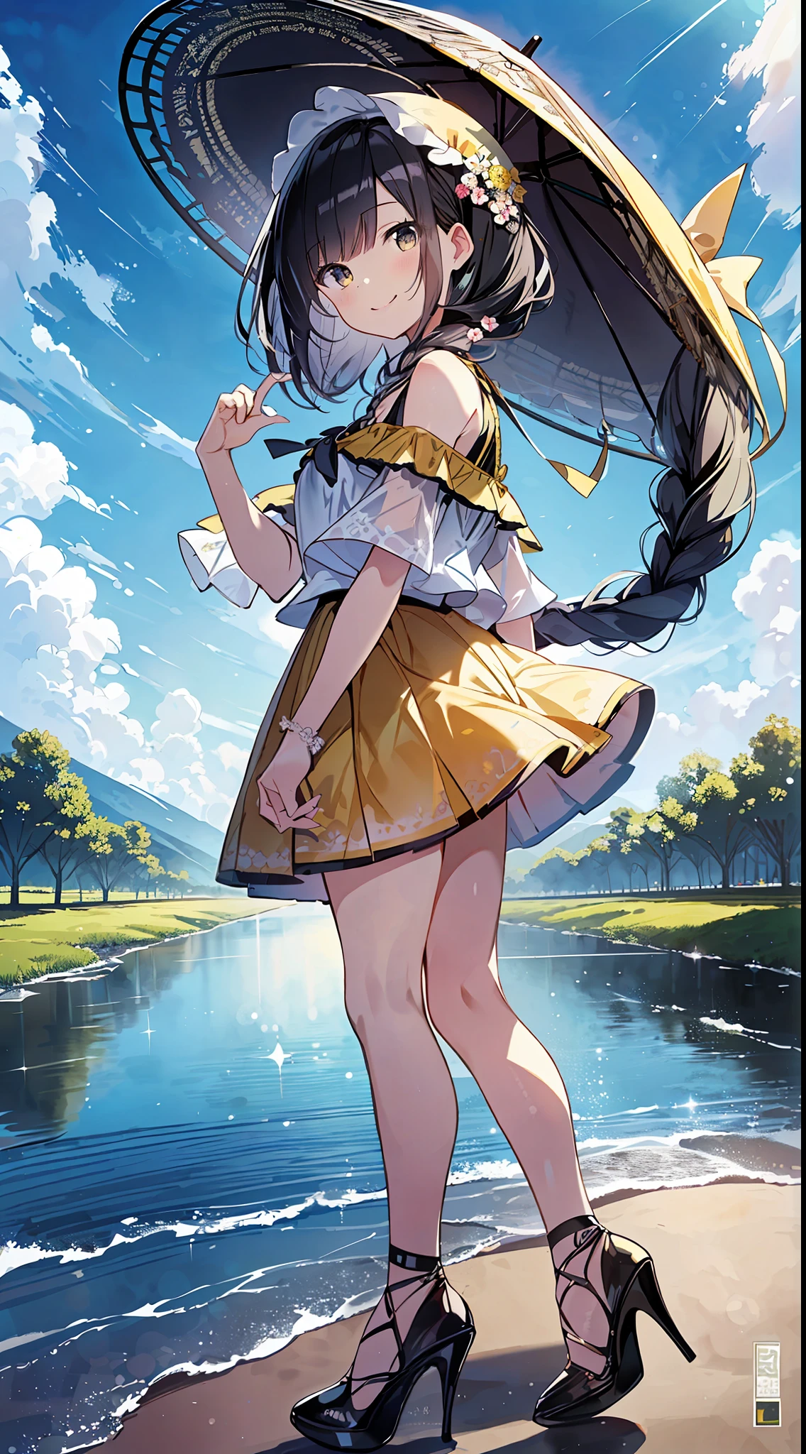 Top Quality, Masterpiece, Ultra High Definition, 8K, Summer Sky, Early Summer, (((Yellow Frill Tops, Mini Skirts, High Heels)), Shojo Manga Style Loli, One, Soft Line Art, Digital Enhancement, Shojo Manga Touch, Shojo Manga Core, Flowing Fabric, Close Up, (Hair length and short braid to the shoulders)), wet hair, staring at us from the front, soft drawing, Beautiful black hair, clear eyes, ((teasing smile)), ultra-detailed digital anime art, clear face depiction, ultra-detailed shojo manga character art, ultra-detailed manga style, top quality colors, hand gestures, landscape with nature, looking up at the sky, angle that can see up to your feet