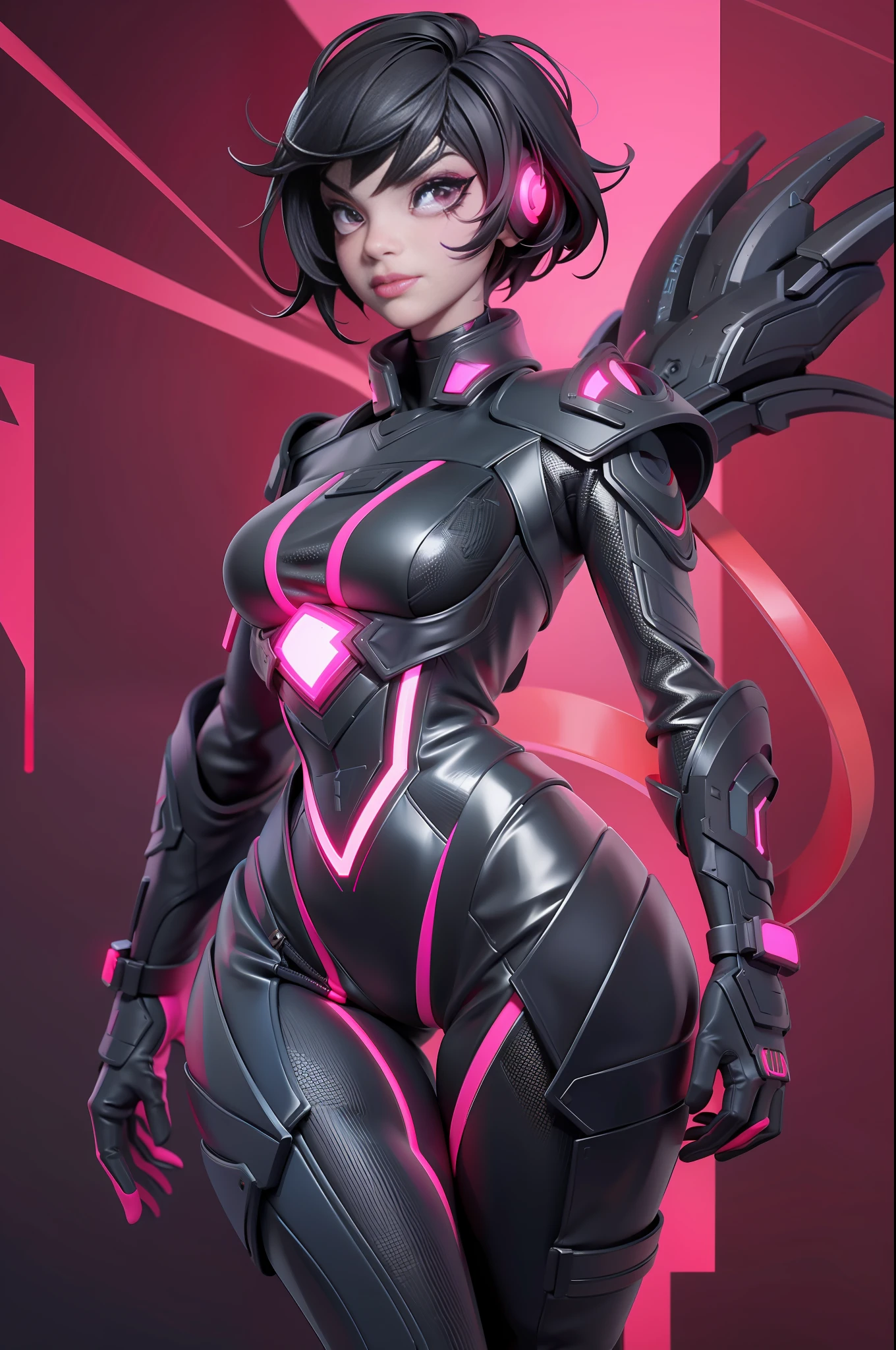 full body picture Unreal Engine 5 8K UHD of beautiful girl, black short hair with dark red highlight, wearing futuristic black tight battle suit, half face cyberpunk mask, futuristic neck collar, beauty makeup, crimson neon light details, best quality, masterpiece