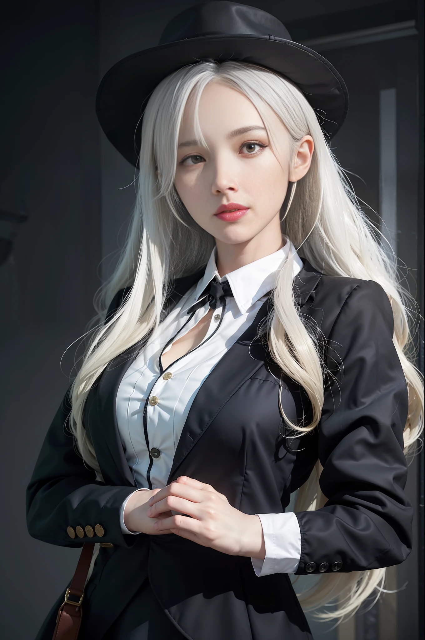 (In the Dark: 1.6), surreal female portrait by David Hockney and Alphonse Mucha, fantasy art, photorealism, dynamic lighting, artstation, poster, volumetric lighting, very detailed faces, 4k, Award Winning, 1girl, In Dark, Deep Shadow, Low Key, Cowboy Shot, (Stewardess Uniform: 1.4), Long Hair, White Hair, Bust, Terminal, Medium Boobs
