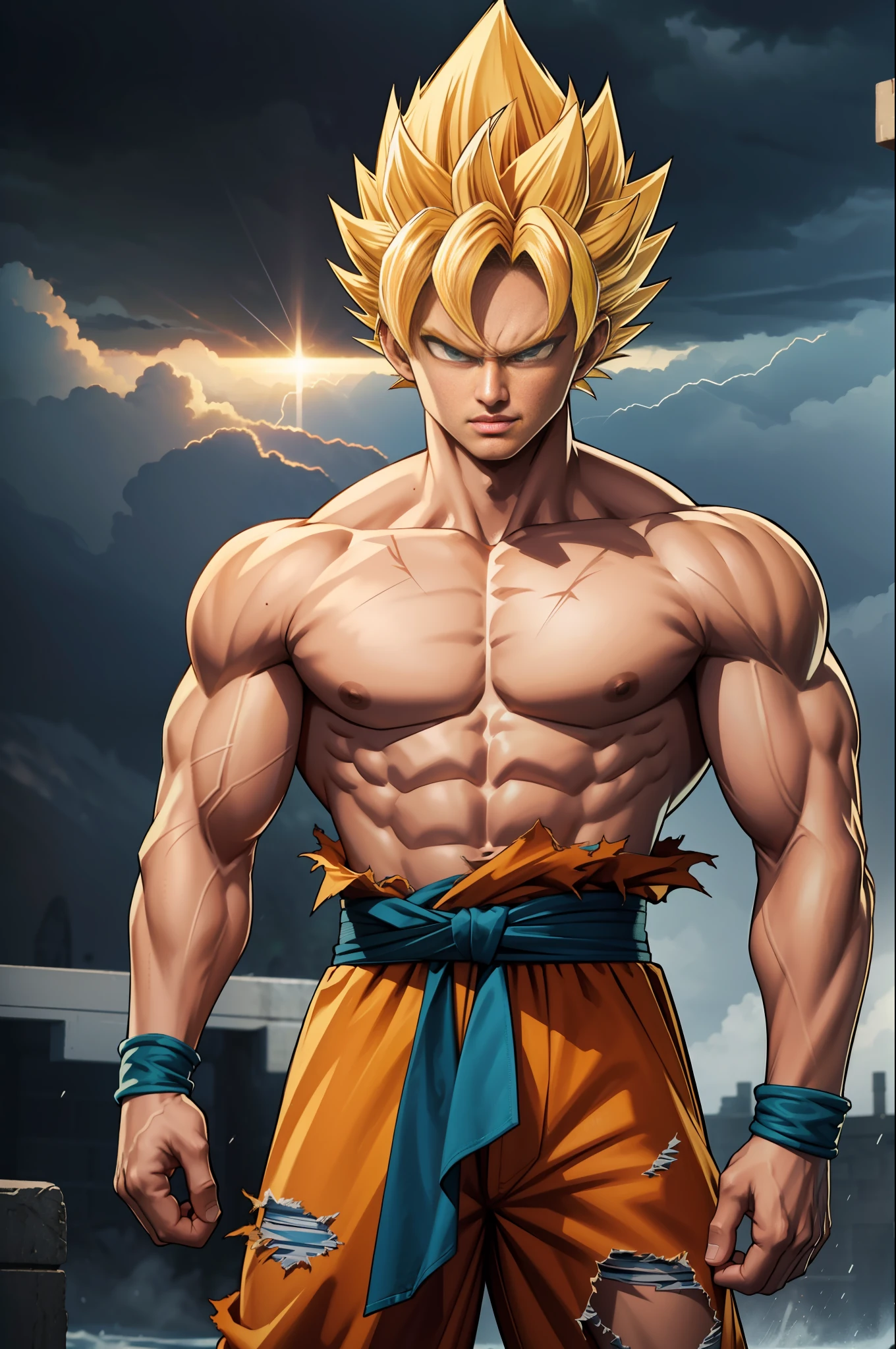 (masterpiece, best quality), intricate details, 8k, artstation, wallpaper, official art, splash art, storm in background, sharp focus, 1boy, (photorealistic:1.2) (bokeh) (best quality) (detailed skin:1.3) (intricate details) (8k) (detailed eyes) (sharp focus) son goku, angry, battle damage, blonde hair, blue sash, clenched teeth, furious, green eyes, male focus, muscular, muscular male, pectorals, sash, solo, spiked hair, super saiyan, super saiyan 1, teeth, topless male, torn clothes, wristband,