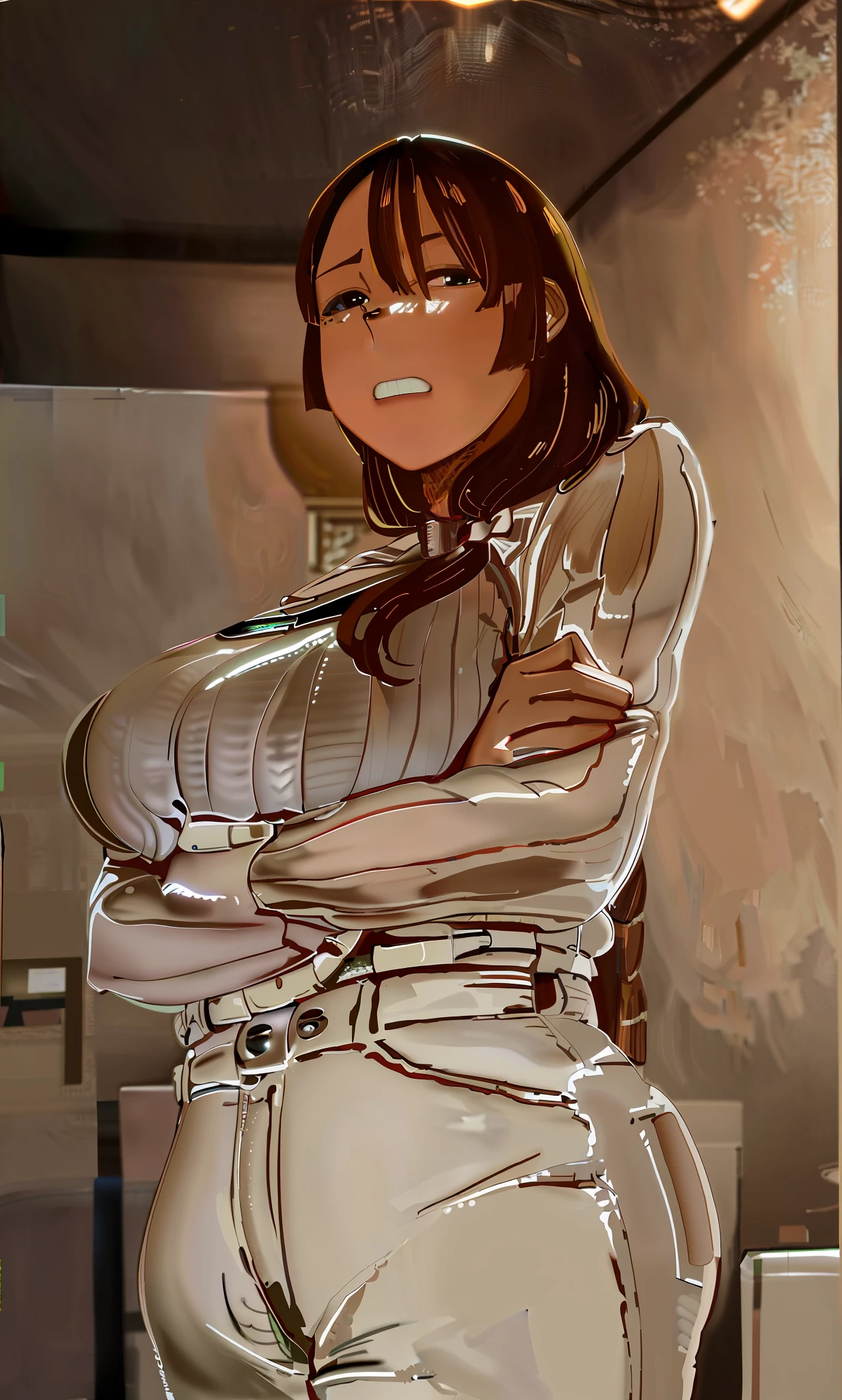 (masterpiece), (best quality), (ultra detailed), (best illustration),( (eyes almost closed)) , (high resolution), (best shadow), (eyes half closed), small eyes, (detailed eyes: 1.2), light pink face, wrinkled noise, dark brown hair, straight long hair with fringes, curvy woman, disgust face, forehead, ((frown)), (deception), forehead, arms crossed, looking to down,(brown sweater), (white jeans), long hair, huge breasts, blue background