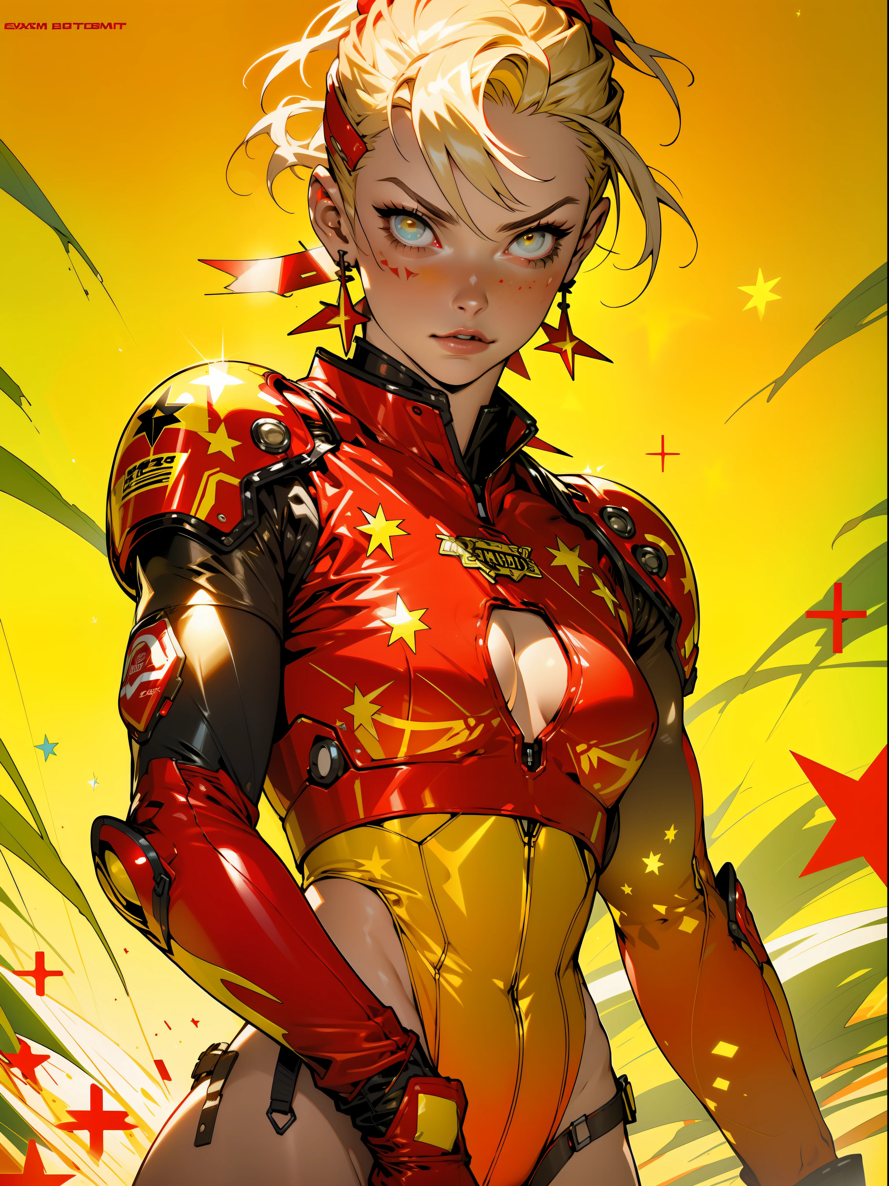 (((woman))), A 35-year-old muscular Russian warrior woman almost naked in the Simon Bisley style for the cover of Heavy Metal magazine, ((((tiny red thong))), super short blonde hair, Minimum clothing, red carbon fiber armor with yellow stars in hexagonal pattern stained with ink, (((red clothing with yellow stars)))), (((short-cut))), ((Annie Lennox)), inside a spaceship, cyberpunk, tight clothes, bio mechanical suit,