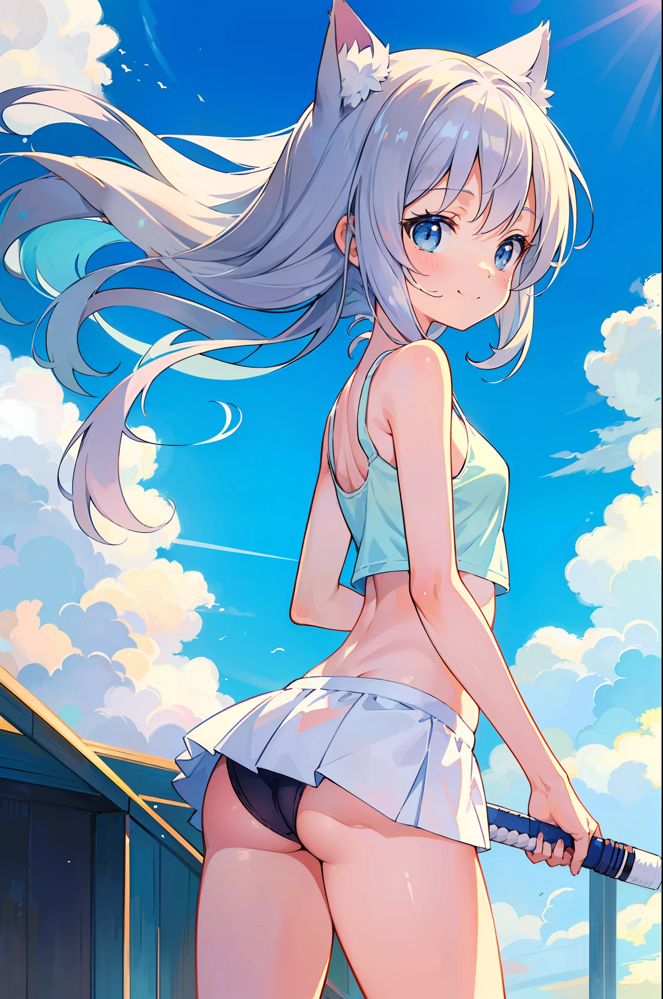 (Masterpiece), (Best Definition Animated Illustration), (Supervision), One Girl, Solo, Silver-haired Beautiful Girl, Anime Loli, Cat Ears Loli, Petite Loli, Pale light blue and white tennis wear, Short tank top, Lower half of breasts bare, Smile, thong, Open stance, Thighs ,back shot, ass, butt up