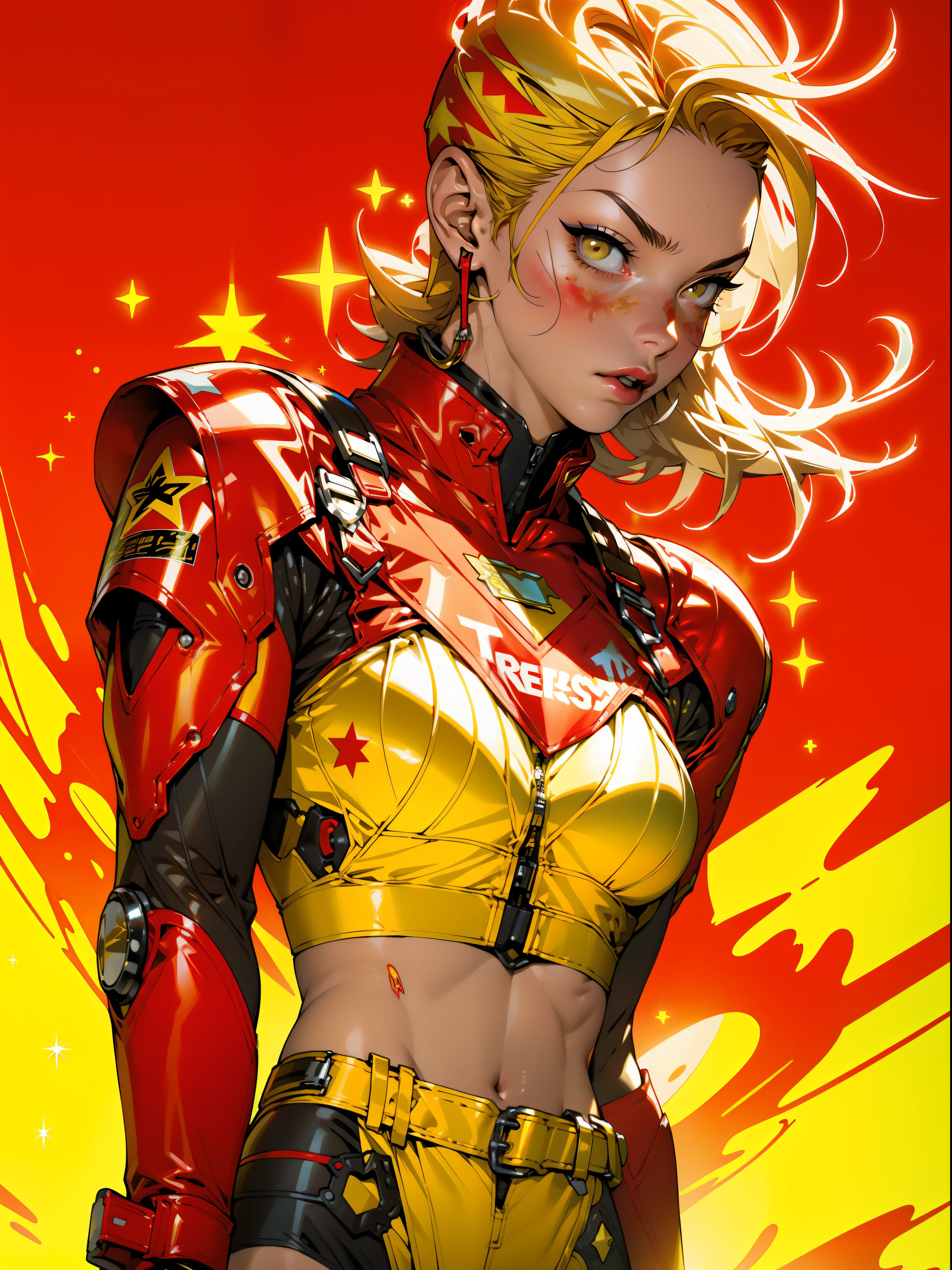 (((woman))), A 35-year-old muscular Russian warrior woman almost naked in the Simon Bisley style for the cover of Heavy Metal magazine, ((((tiny red thong))), super short blonde hair, Minimum clothing, red carbon fiber armor with yellow stars in hexagonal pattern stained with ink, (((red clothing with yellow stars)))), (((short-cut))), ((Annie Lennox)), inside a spaceship,  cyberpunk, tight clothes, bio mechanical suit,