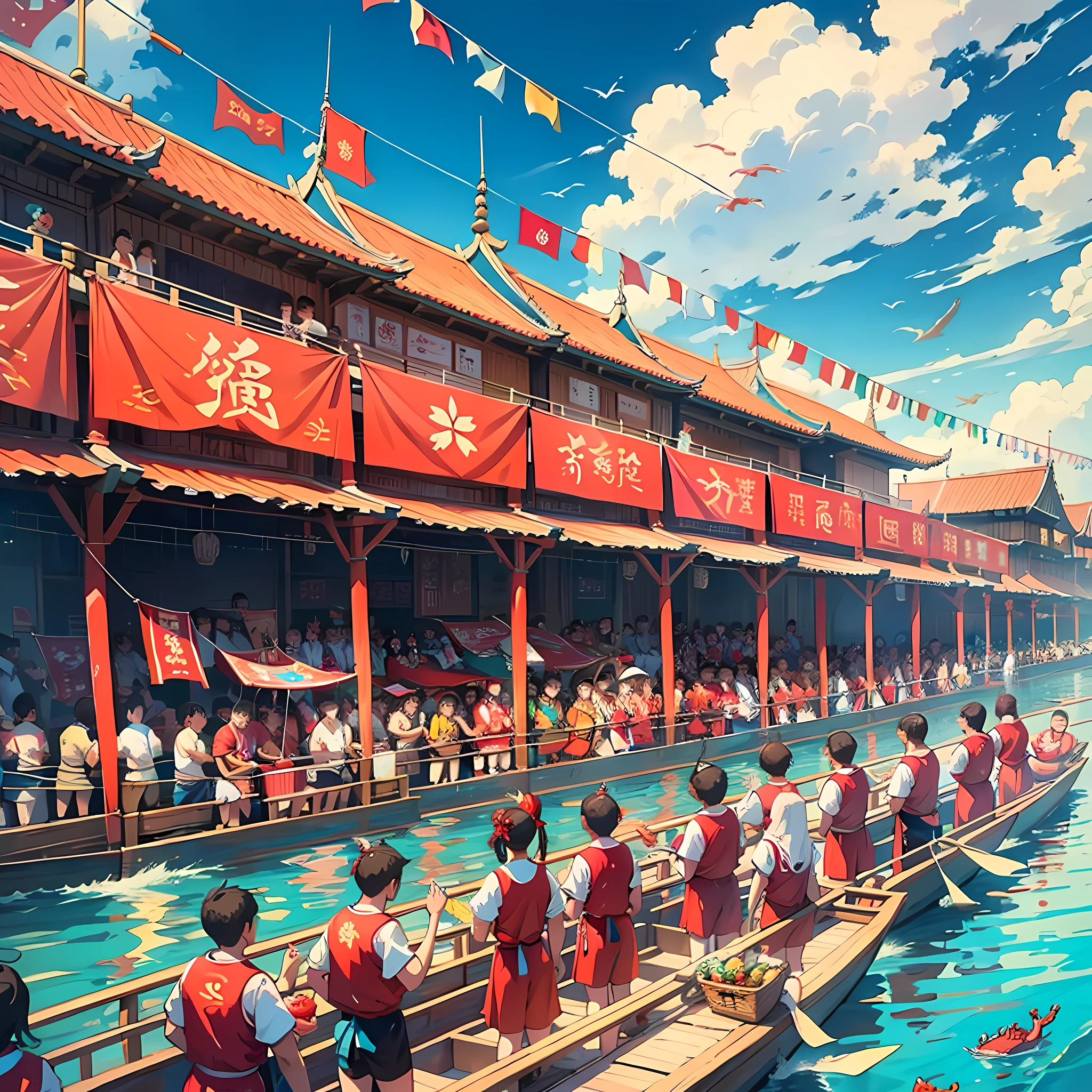 The background of the poster is bright and bright red, symbolizing the bustle and festivity of the festival. The whole poster can be painted above a blue sky and white clouds, giving people a broad and peaceful feeling. The central theme element of the poster is a beautiful scene of a Dragon boat race on the Dragon Boat Festival, depicting traditional dragon boats, participants and people standing on the shore watching. Bright red background, blue sky and white clouds, traditional Dragon Boat Festival, Dragon Boat Festival participants, spectators standing on the shore, Dragon Boat race water, the Dragon Boat Festival iconic colorful dumplings, Dragon Boat Festival wormwood sachets, holding high the five-color traditional hanging decorations, the audience on the bleachers cheering blessing expression