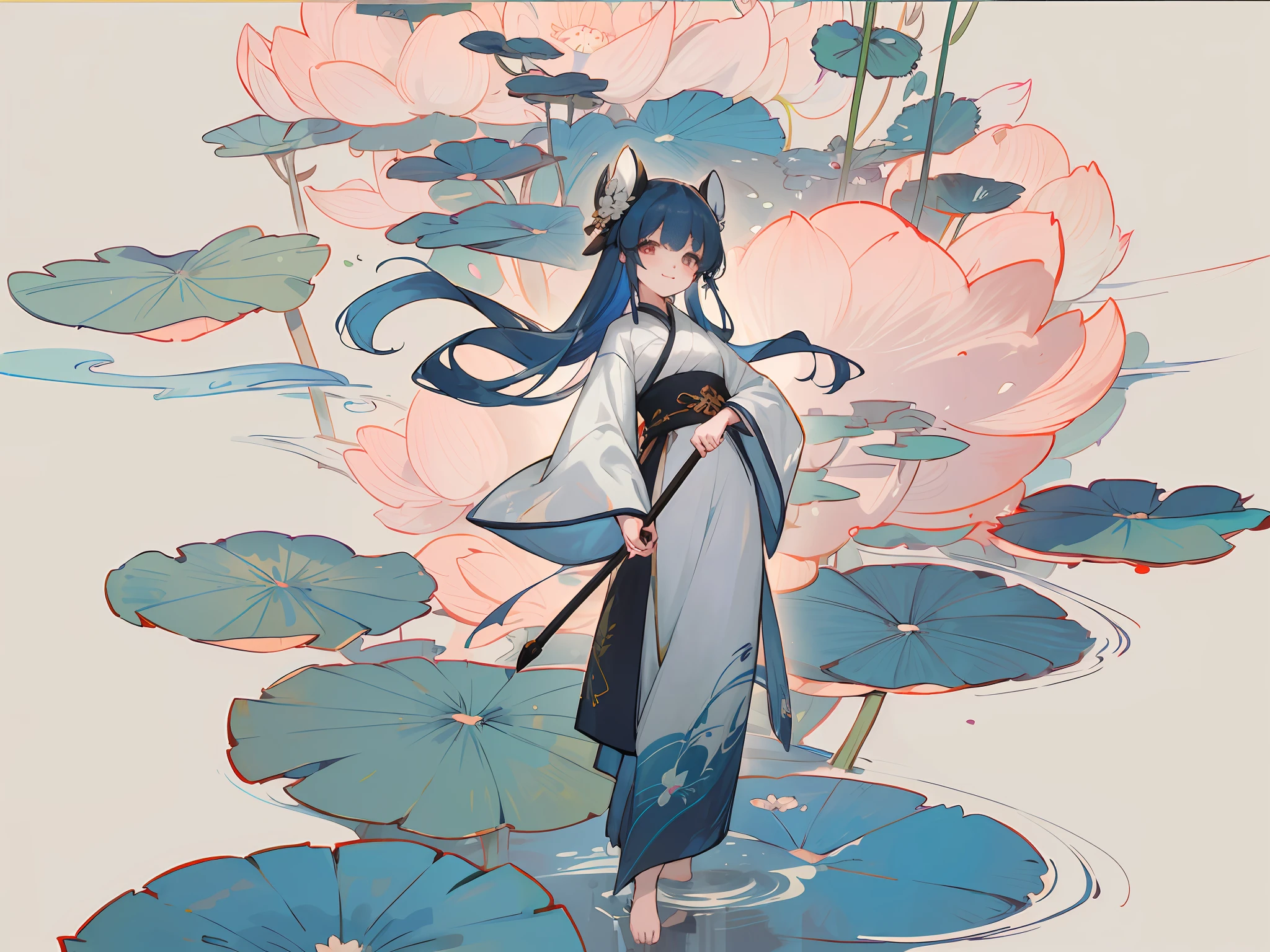 ((4k,masterpiece,best quality)), shuimobysim, traditional chinese ink painting, lotus, hanfu, maxiskit, dress conservatively 1girl, solo, long blue hair, smile, standing, feet in the water, barefoot,