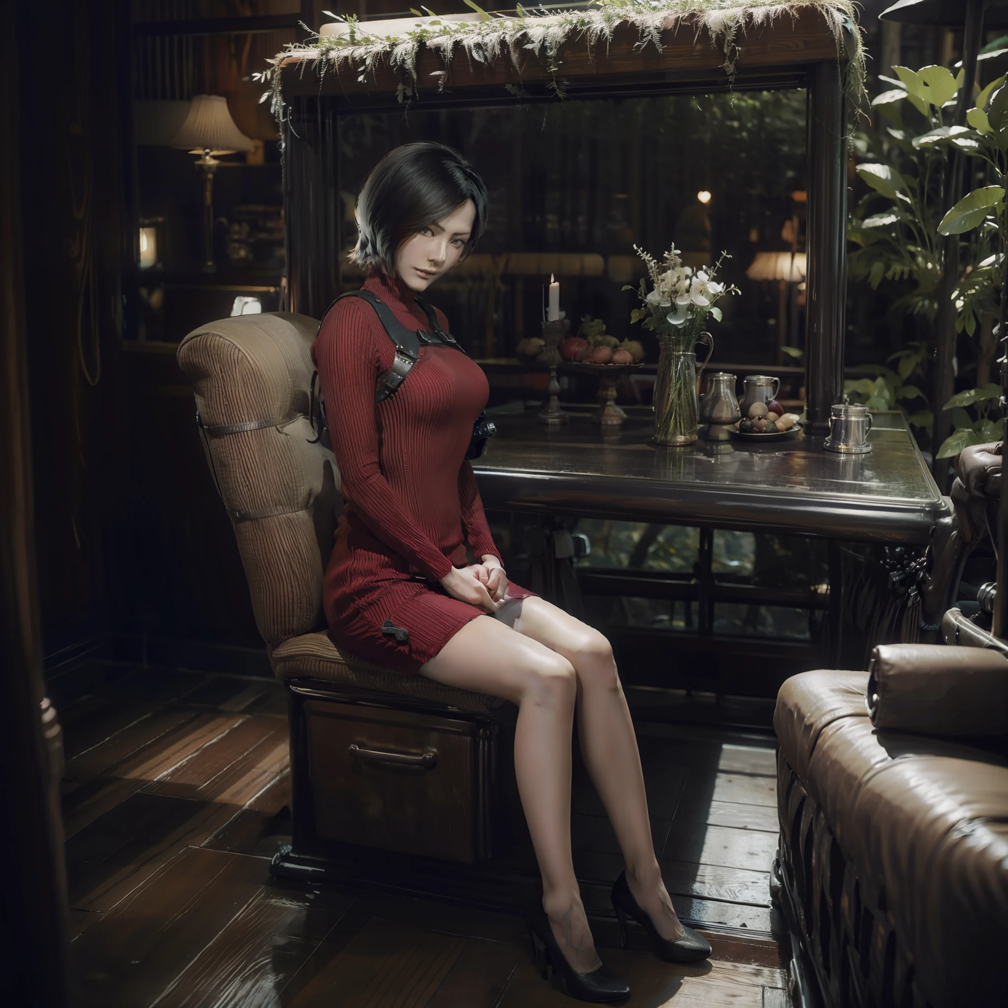 Create Ada wong in a military convoy with other soldiers in a deep forest hut
