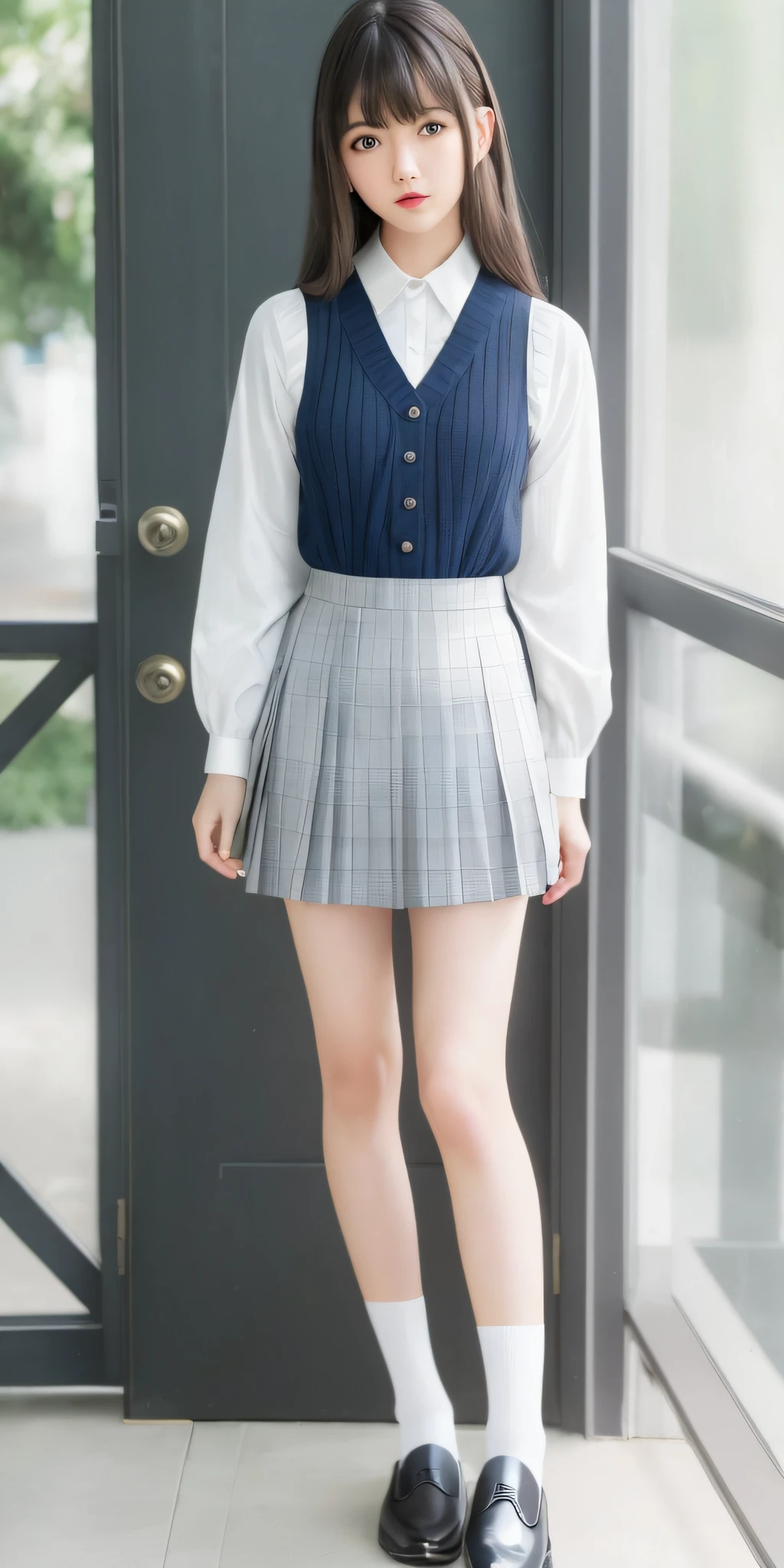 (8K, RAW Photo, Best Quality, Masterpiece: 1.2), (Realistic, Photorealistic: 1.37), Best Quality, Ultra High Resolution, Photon Mapping, Radiosity, Physically Based Rendering, Blurred, Foreground, Depth of Field, Blurry Background, Photo_\ (Medium), Motion Blur, Girl, (Full) Body), Long Legs, Thin Legs, Long Hair, Bangs, (Bangs visible), hair_ornament, Lips, Hair clip, Solo, blue_eyes, Nosesoft, China, White shirt, Grey plaid pleated skirt, Sheer clothing, Black loafers, Thigh Hai, Black cotton socks,