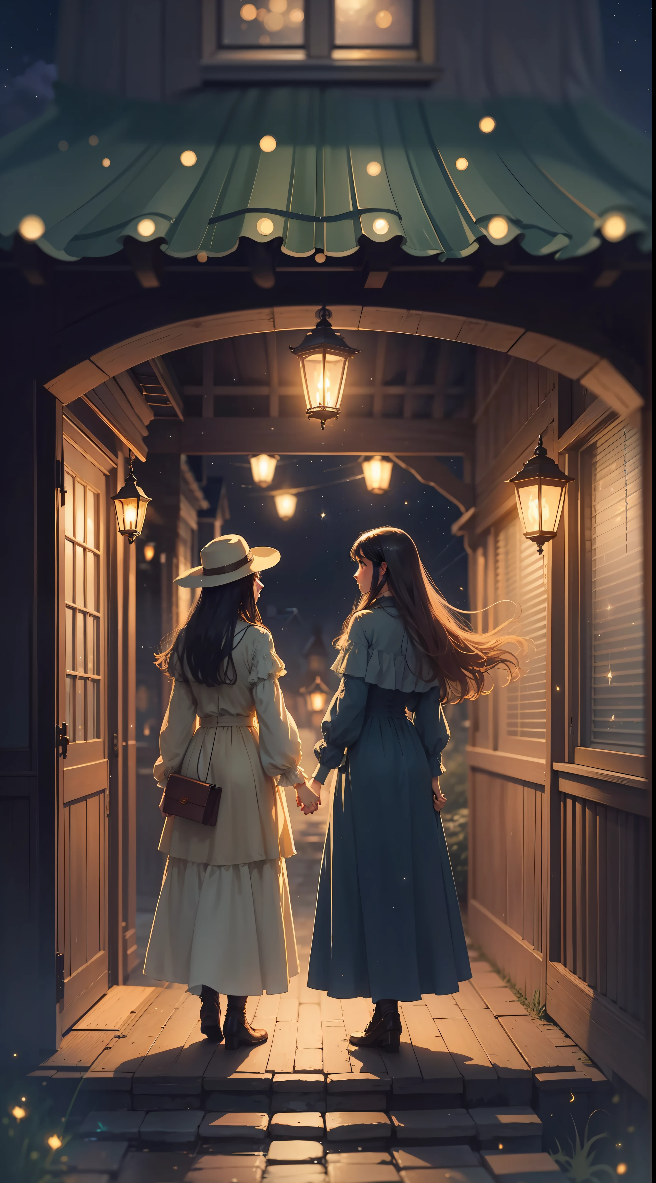 There are two girls looking at the stars, inspired by Jakub Schikaneder, inspired by Pascale Campion, the art concept of book covers, summer nights, torches and fireflies, novel cover art of a book, holding hands in the moonlight, under the stars, with stars, fireflies, book cover illustration, looking at the stars