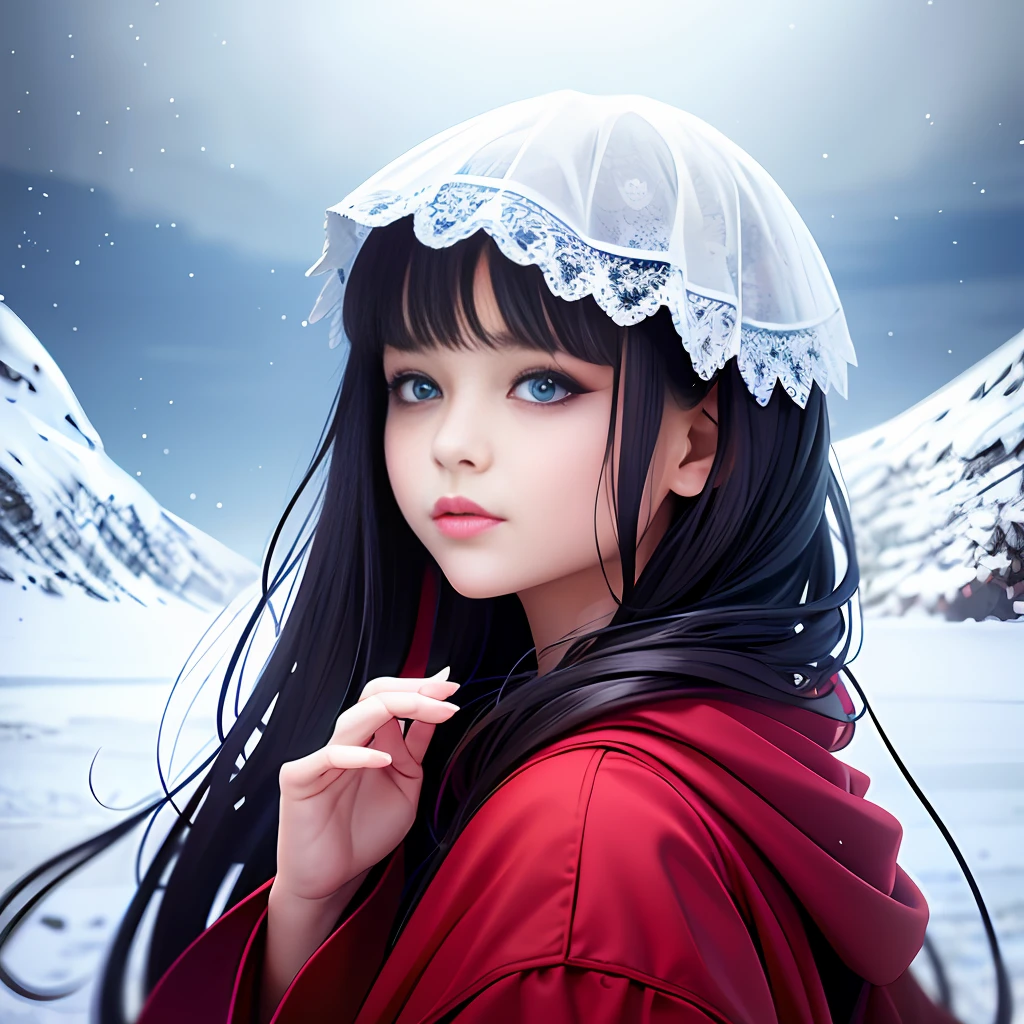 1 girl, (extreme skin shine: 1.4), (extreme light and shadow changes), (gorgeous costumes: 1.5), (delicate face and eyes: 1.3), (shiny colored eyes: 1.5), intricate hair decoration. The girl in the painting is dressed in a red robe, as if her snow-white face is more delicate. She tilted her head slightly, her eyes calm, and she seemed to be thinking about something. The mountains and sky in the background are depicted in detail, making the whole painting more realistic. (Realism: 1.3), (Extreme Complexity: 1.2), (Realistic Photos: 1.3), (Surrealism: 1.4), Volumetric Lighting, Film Lighting, Film Effects, Girl Portrait, 8k.
