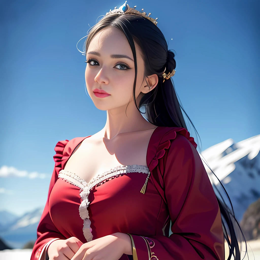 1 girl, (extreme skin shine: 1.4), (extreme light and shadow changes), (gorgeous costumes: 1.5), (delicate face and eyes: 1.3), (shiny colored eyes: 1.5), intricate hair decoration. The girl in the painting is dressed in a red robe, as if her snow-white face is more delicate. She tilted her head slightly, her eyes calm, and she seemed to be thinking about something. The mountains and sky in the background are depicted in detail, making the whole painting more realistic. (Realism: 1.3), (Extreme Complexity: 1.2), (Realistic Photos: 1.3), (Surrealism: 1.4), Volumetric Lighting, Film Lighting, Film Effects, Girl Portrait, 8k.