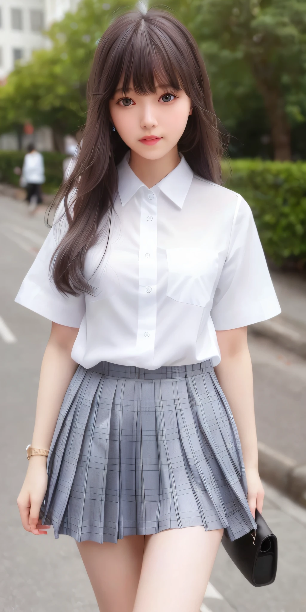 (8K, RAW Photo, Best Quality, Masterpiece: 1.2), (Realistic, Photorealistic: 1.37), Best Quality, Ultra High Resolution, Photon Mapping, Radiosity, Physically Based Rendering, Blurred, Foreground, Depth of Field, Blurry Background, Photo_\ (Medium), Motion Blur, Girl, (Full) Body), Long Legs, Thin Legs, Long Hair, Bangs, (Bangs visible), hair_ornament, Lips, Hair clip, Solo, blue_eyes, Nosesoft, China, White shirt, Grey plaid pleated skirt, Sheer clothing, Black loafers, Thigh Hai, Black cotton socks,