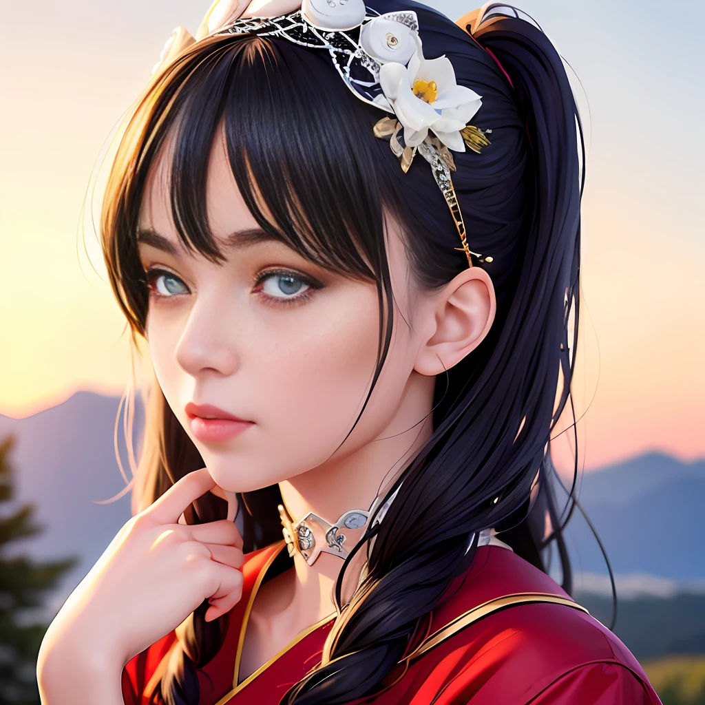 1 girl, (extreme skin shine: 1.4), (extreme light and shadow changes), (gorgeous costumes: 1.5), (delicate face and eyes: 1.3), (shiny colored eyes: 1.5), intricate hair decoration. The girl in the painting is dressed in a red robe, as if her snow-white face is more delicate. She tilted her head slightly, her eyes calm, and she seemed to be thinking about something. The mountains and sky in the background are depicted in detail, making the whole painting more realistic. (Realism: 1.3), (Extreme Complexity: 1.2), (Realistic Photos: 1.3), (Surrealism: 1.4), Volumetric Lighting, Film Lighting, Film Effects, Girl Portrait, 8k.