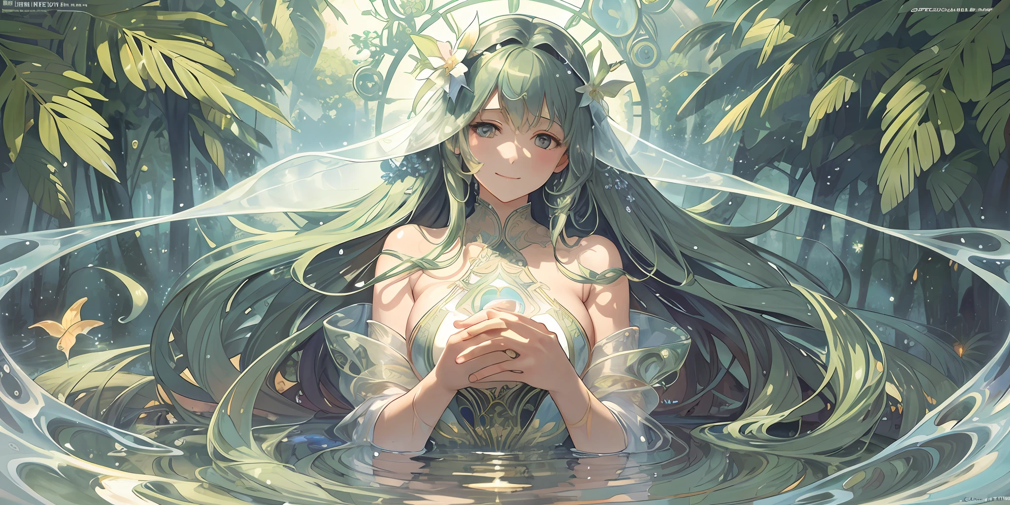 Top quality ultra-fine illustrations by Alphonse Mucha, Art nouveau, bathing in water, beautiful refraction of water, white dress soaked in water, transparent clothing, Delicate and elegant linework, Decoration with plant motifs, Geometric decoration, Poetic atmosphere, Rich colors, Dreamy, mystical, erotic(In the forest where the stream flows, Backlighting)(beautiful face and eyes with great detail)(angelic cute girl, solo focus)absurdres, perfect anatomy, full body, Smile(portrait),