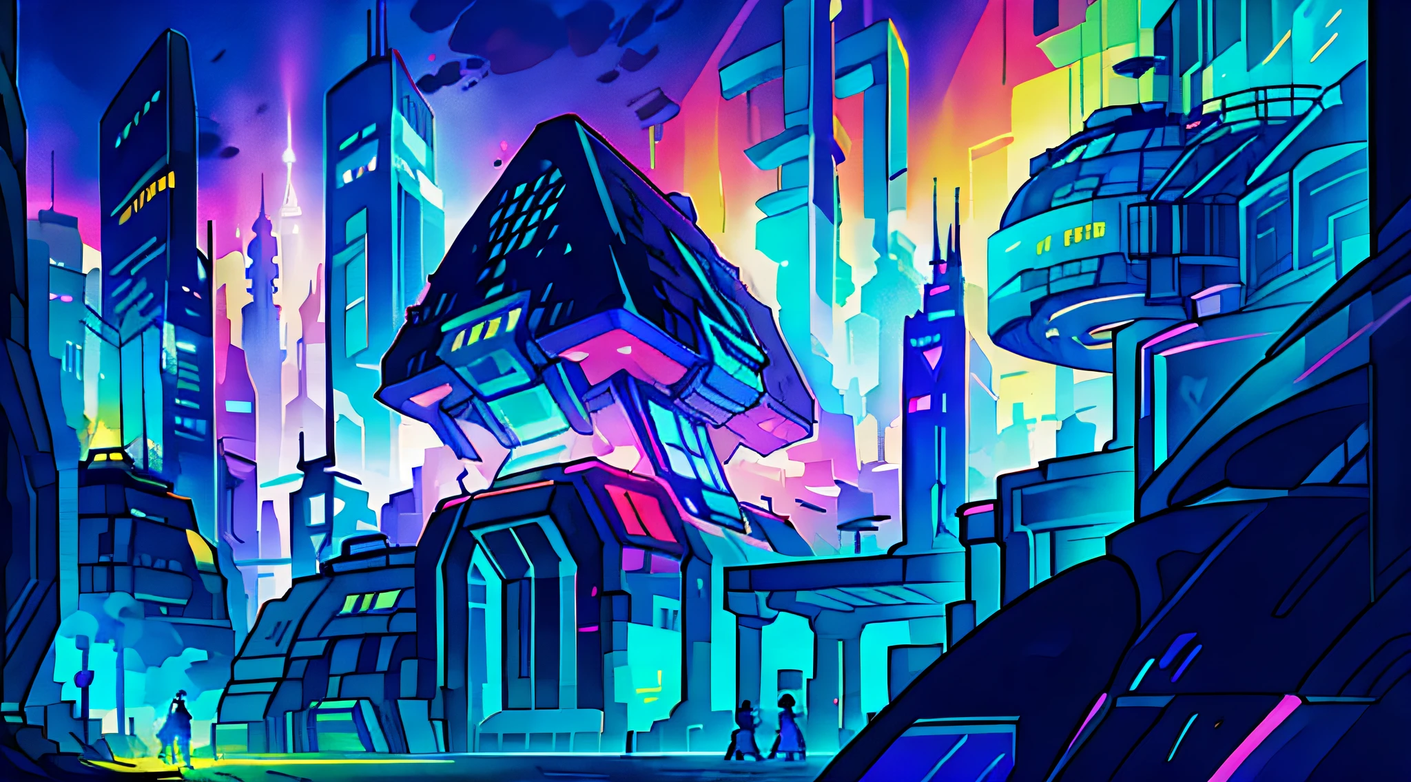 An oil painting of a futuristic cityscape, with towering skyscrapers and flying vehicles filling the frame. The colors are bright and vibrant, with shades of blue, green, and purple dominating the scene. In the foreground, a group of people can be seen walking towards a giant, glowing pyramid.