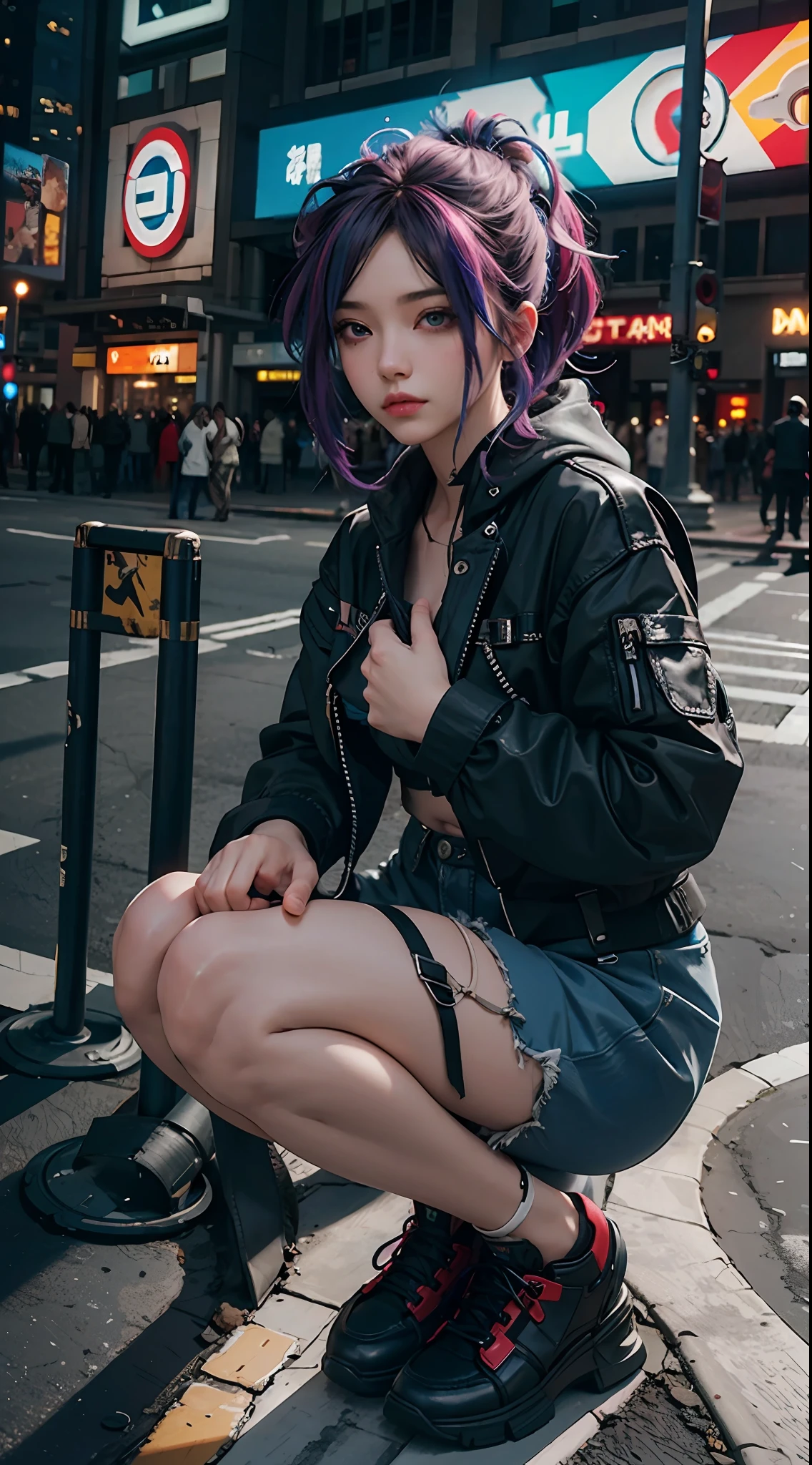 cyberworld, colored hair (( beautiful face)), fishnet, punk, squatting down, URBAN_GAL ((best quality)), ((masterpiece)) depth of field