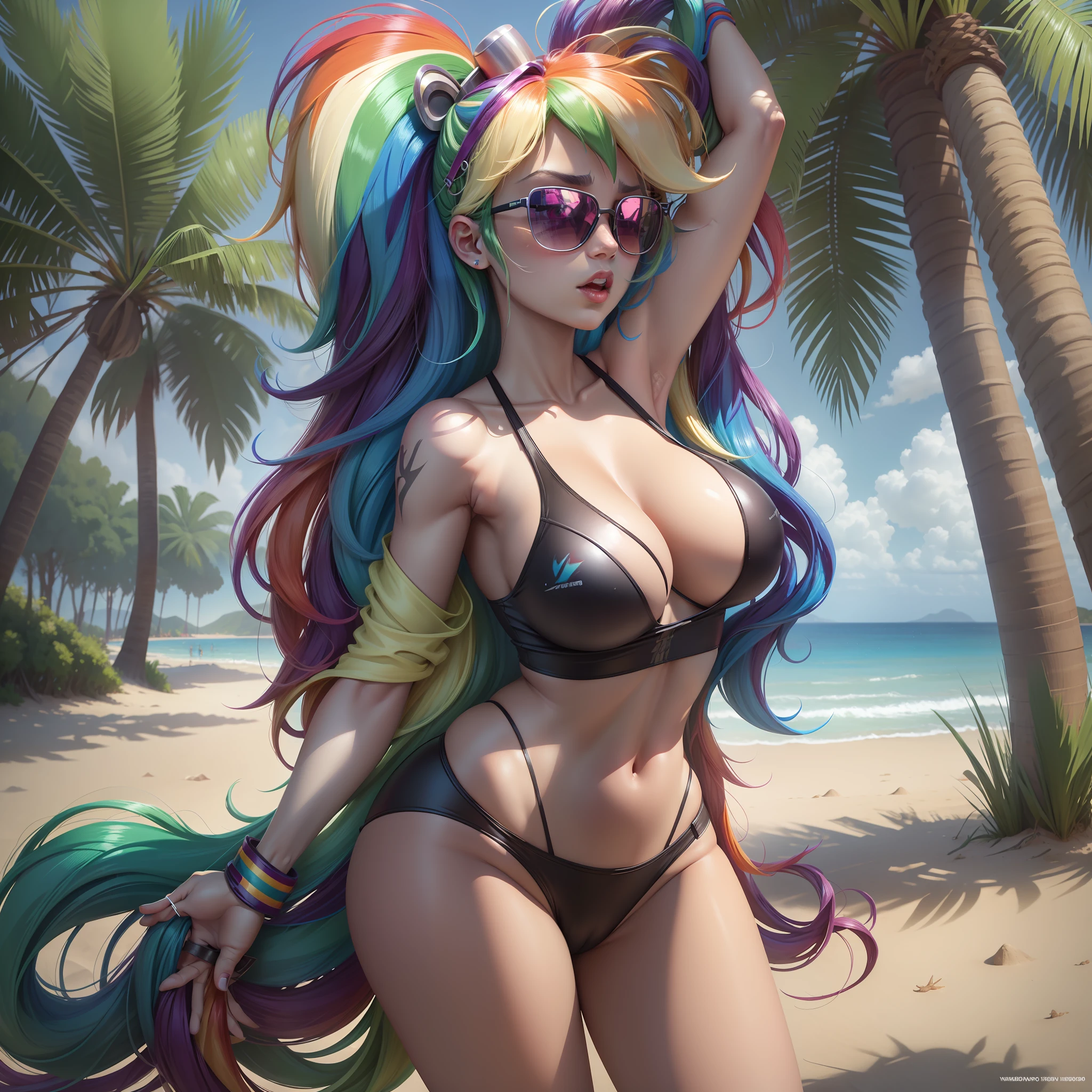 Rainbow Dash, Rainbow Dash from my little pony, Rainbow Dash in the form of a girl, long hair, lush hair, big breasts, bulky breasts, elastic breasts, on the beach, in a swimsuit, rainbow swimsuit, tanning, on schizlong, in sunglasses, in a hat, volumetric shapes, best quality, very detailed, ultra 8k resolution