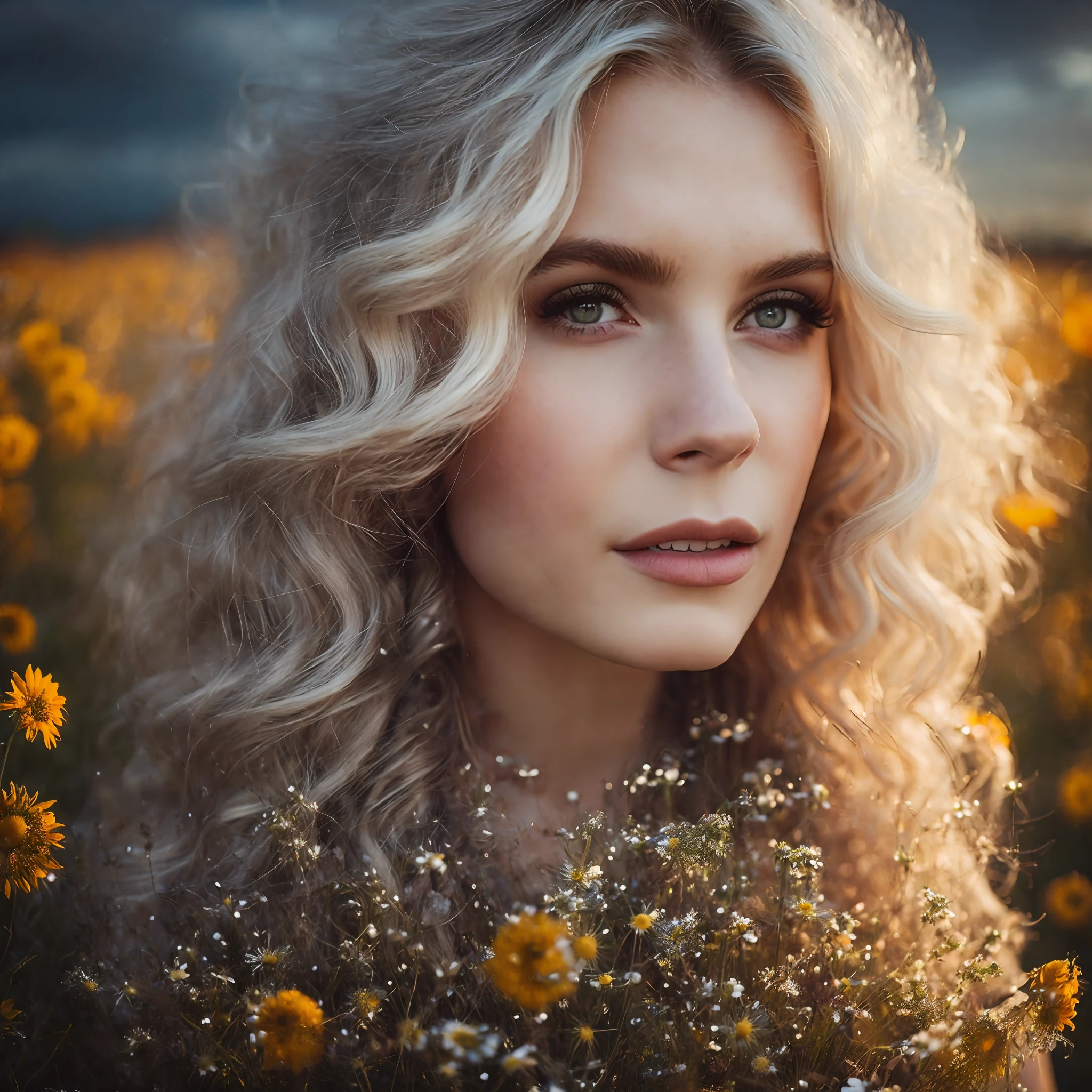 Photorealistic, cinematic lighting, contrast, space stars, milky way arm , ethereal glow, , dramatic lighting, godrays, ((beautiful young russian women, cute face)), looking back at the viewer, happy, white hair, curly wavy hair, beautiful face, flower field, landscape filled with vibrant flowers, golden hour,