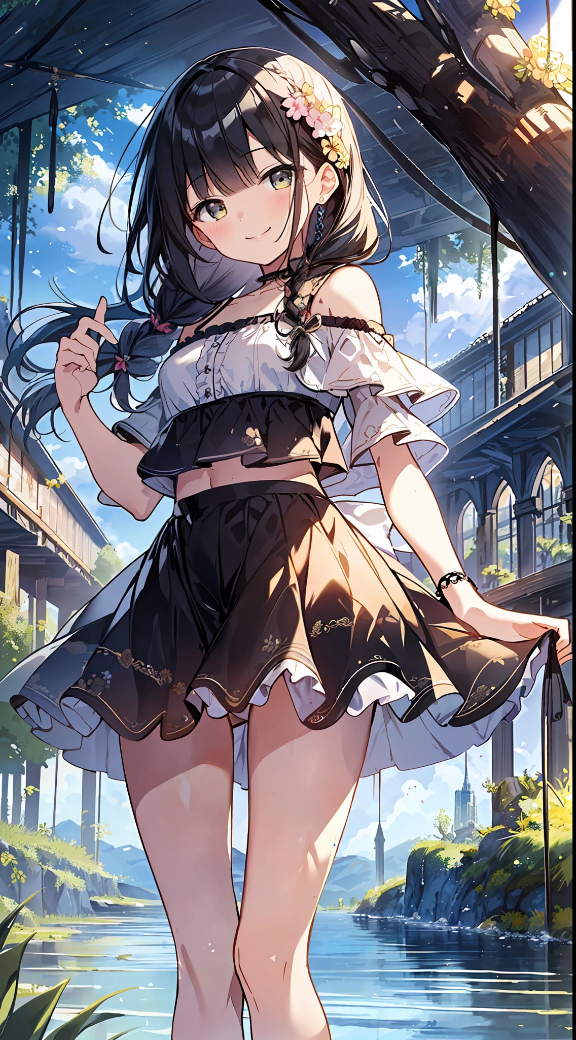Top Quality, Masterpiece, Ultra High Definition, 8K, Summer Sky, Early Summer, (((Yellow Frill Tops, Mini Skirts, High Heels)), Shojo Manga Style , One, Soft Line Art, Digital Enhancement, Shojo Manga Touch, Shojo Manga Core, Flowing Fabric, Close Up, (Hair length and short braid to the shoulders)), wet hair, staring at us from the front, soft drawing, Beautiful black hair, clear eyes, ((teasing smile)), ultra-detailed digital anime art, clear face depiction, ultra-detailed shojo manga character art, ultra-detailed manga style, top quality colors, hand gestures, landscape with nature, looking up at the sky, angle that can see up to your feet
