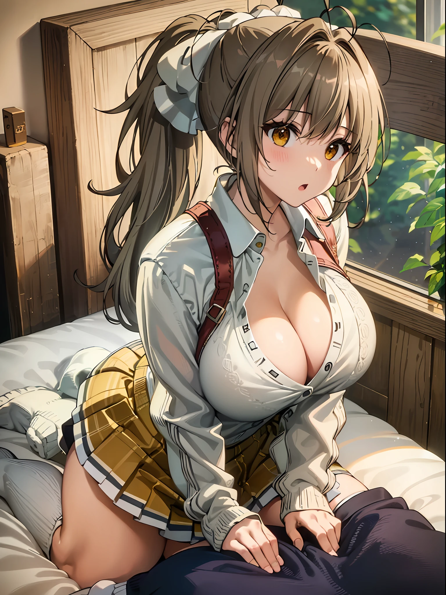 (masterpiece)), ((best quality)), (ultra-detailed), ((kawaii)), cute, (lovely), ((extremely detailed)), 4K, (8K), best quality, (beautiful),(((world-class quality))), extremely detailed, high resolution, (detailed shaded pretty face), full body, ager, (((gigantic breasts))), (((sagging breasts))), brown hair, long hair, antenna hair, ponytail, brown eyes, (pink cardigan), open cardigan, white Camisole blouse, (yellow Pleated Skirt), white thighhighs, on the bed, from side