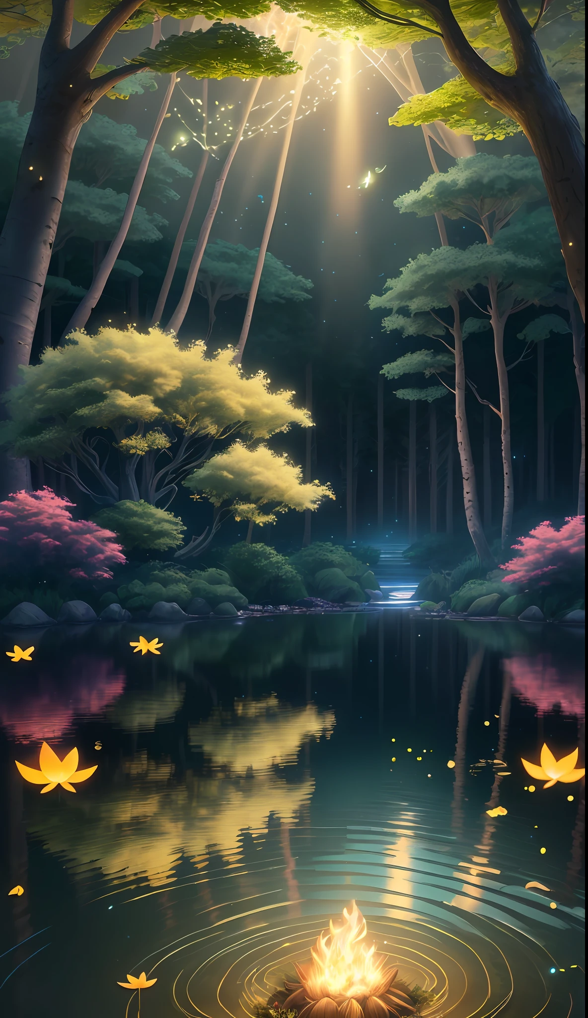 Masterpiece, best quality, (very detailed CG unified 8k wallpaper), (best quality), (best illustration), (best shadow), with a glowing giant firefly, natural elements in lake pool, forest theme. Mysterious forest, beautiful forest, nature, surrounded by flowers, delicate leaves and branches surrounded by fireflies (natural elements), (jungle theme), (leaves), (branches), (fireflies), (particle effects) and other 3D, Octane rendering, ray tracing, super detailed