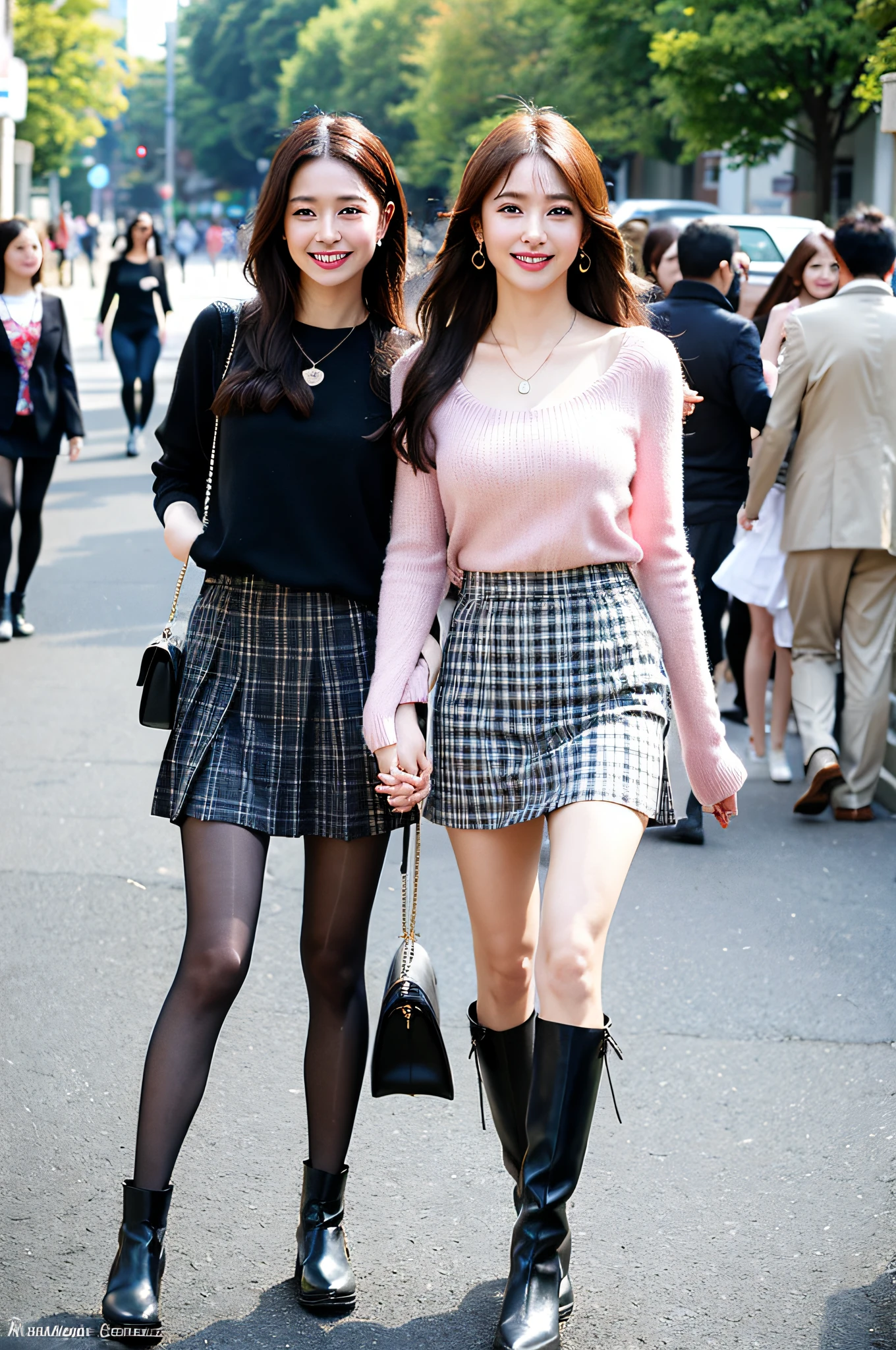 8k, RAW photos, best quality, masterpiece, a girl, , slim figure, tall, beautiful legs, glowing eyes, blush, bright lips, perfect figure, thin, (black sweater: 1.4), (plaid skirt: 1.3), (pantyhose,  boots: 1.1), (bobo head: 1.1), street, sunlight, standing, lens flare, earrings, necklace, model, looking at the audience, (happy smile: 1.1), makeup, front, dynamic pose, black mole, full body photo, Empty streets