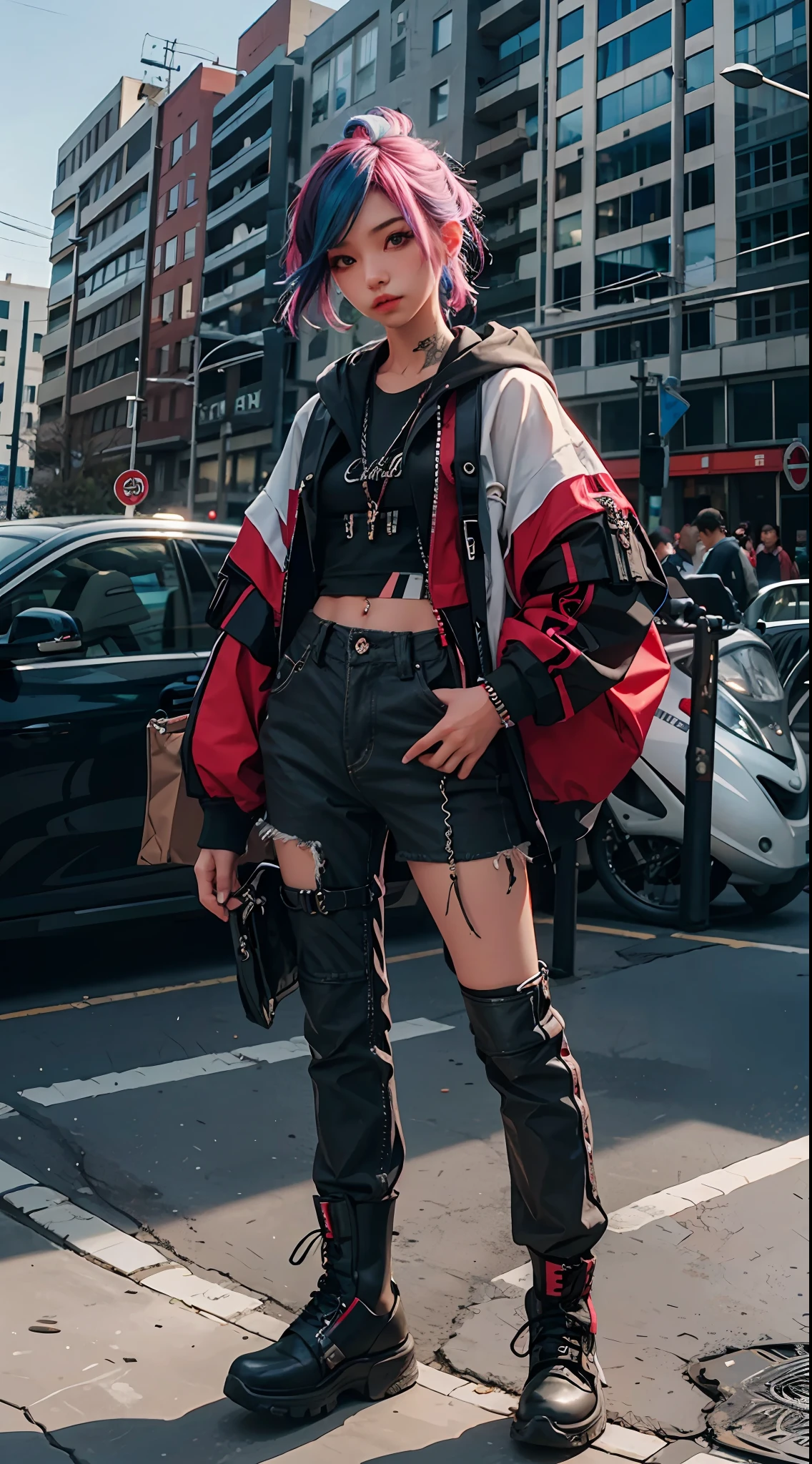 Online world, colored hair ((pretty face)), fishing nets, punk, standing, URBAN_GAL (best quality), ((masterpiece)) depth of field