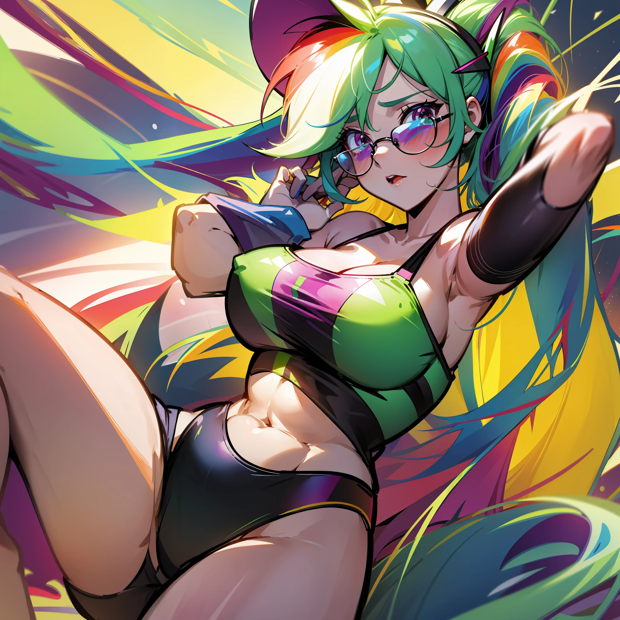 Rainbow Dash, Rainbow Dash from my little pony, Rainbow Dash in the form of a girl, long hair, lush hair, big breasts, bulky breasts, elastic breasts, on the beach, in a swimsuit, rainbow swimsuit, tanning, on schizlong, in sunglasses, in a hat, volumetric shapes, best quality, very detailed, ultra 8k resolution