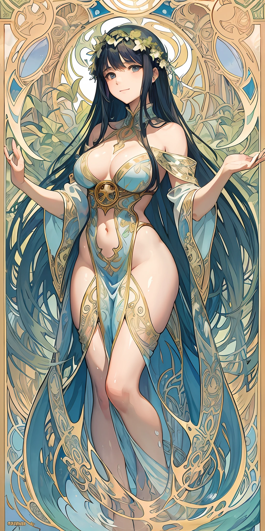 Top quality ultra-fine illustrations by Alphonse Mucha, Art nouveau, bathing in water, beautiful refraction of water, white dress soaked in water, transparent clothing, Delicate and elegant linework, Decoration with plant motifs, Geometric decoration, Poetic atmosphere, Rich colors, Dreamy, mystical, , tarot card(In the forest where the stream flows, Backlighting)(beautiful face and eyes with great detail)(angelic cute girl, solo focus)absurdres, perfect anatomy, full body, Smile(portrait),