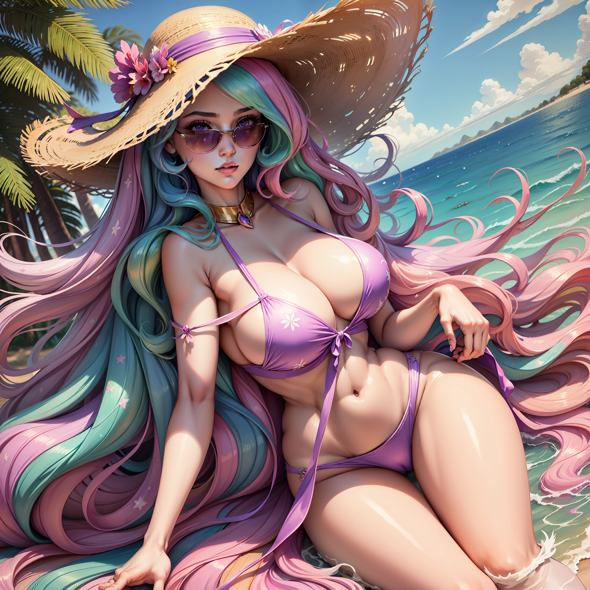 Princess Celestia, Princess Celestia from my little pony, Princess Celestia in the form of a girl, long hair, lush hair, big breasts, voluminous breasts, firm breasts, on the beach, in a swimsuit, pink swimsuit, tanning, on schizlong, in sunglasses, in a hat, volumetric shapes, best quality, very detailed, ultra 8k resolution