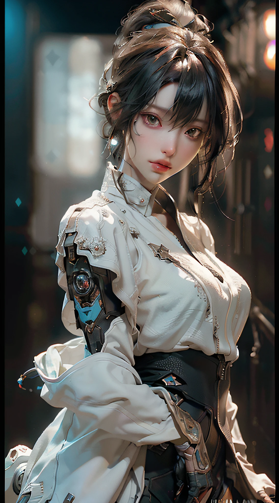 ((Best quality)), ((masterpiece)), (detailed:1.4), 3D, an image of a beautiful cyberpunk female,HDR (High Dynamic Range),Ray Tracing,NVIDIA RTX,Super-Resolution,Unreal 5,Subsurface scattering,PBR Texturing,Post-processing,Anisotropic Filtering,Depth-of-field,Maximum clarity and sharpness,Multi-layered textures,Albedo and Specular maps,Surface shading,Accurate simulation of light-material interaction,Perfect proportions,Octane Render,Two-tone lighting,Wide aperture,Low ISO,White balance,Rule of thirds,8K RAW,