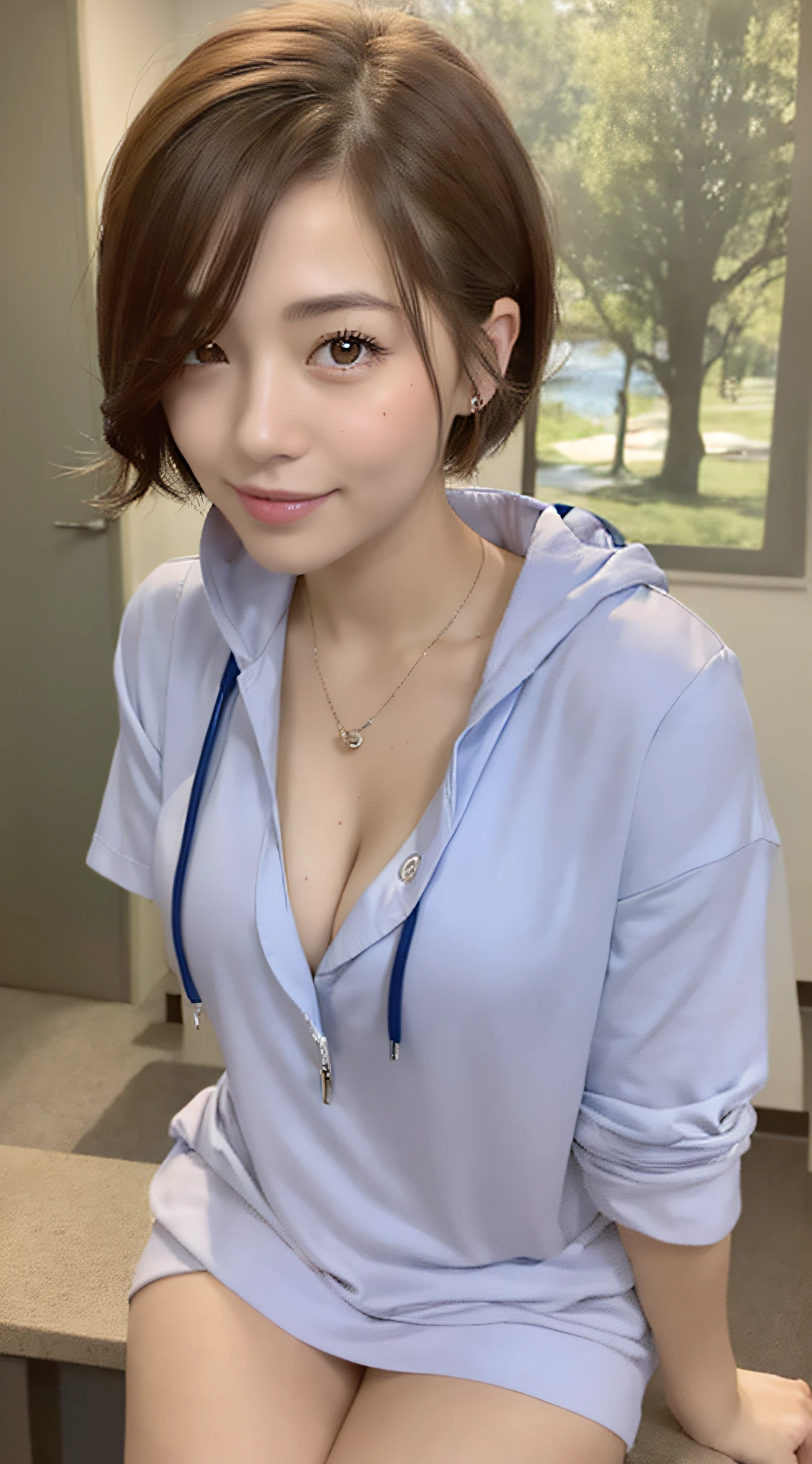 ((Natural light, top quality, 8k, masterpiece: 1.3)), park with lake, short hair, rough clothes, hoodie, casual dress, cleavage, sexy pose