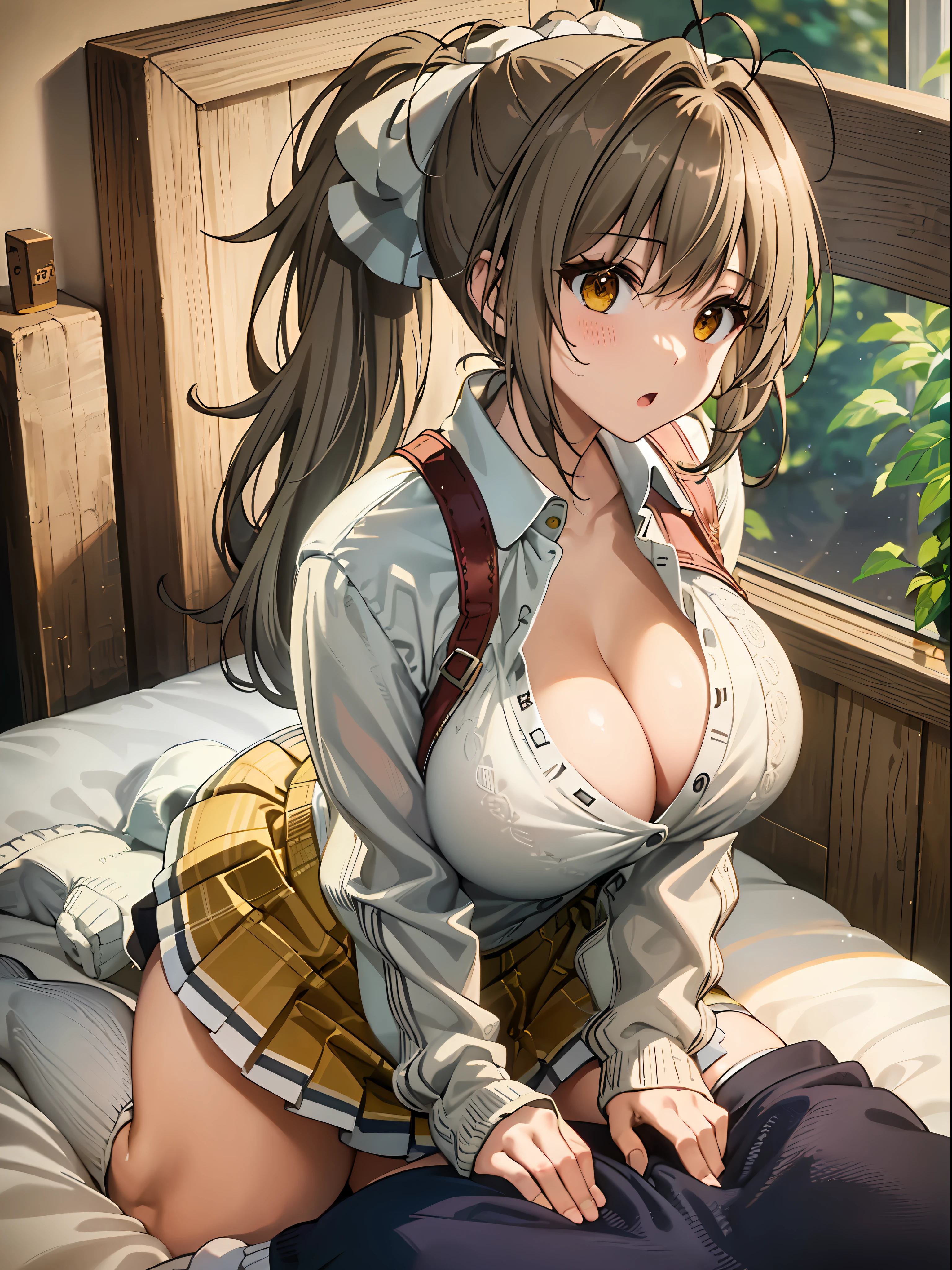 (masterpiece)), ((best quality)), (ultra-detailed), ((kawaii)), cute, (lovely), ((extremely detailed)), 4K, (8K), best quality, (beautiful),(((world-class quality))), extremely detailed, high resolution, (detailed shaded pretty face), full body, teenager, (((gigantic breasts))), (((sagging breasts))), brown hair, long hair, antenna hair, ponytail, brown eyes, (pink cardigan), open cardigan, white Camisole blouse, (yellow Pleated Skirt), white thighhighs, on the bed, from side