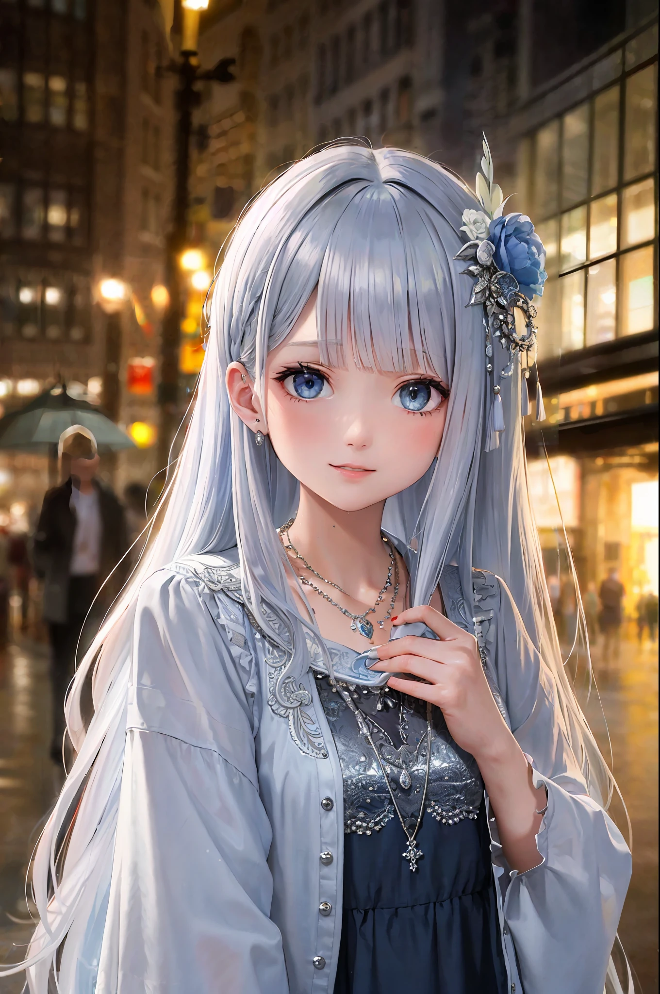 (8k, top quality, masterpiece: 1.2), 1 girl, hair ornament, portrait, (long loose silver exposed dress: 1.1), necklace, blue nails, cute, cityscape, night, rain, wet, professional lighting, photon mapping, radiosity, physically based rendering, (mature woman: 1.3), (intricate details, taut clothes, hair ornament: 1.2),