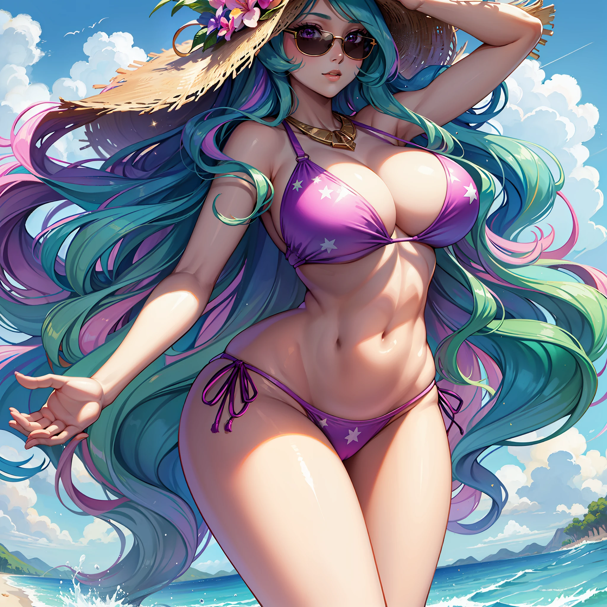 Princess Celestia, Princess Celestia from my little pony, Princess Celestia in the form of a girl, long hair, lush hair, big breasts, voluminous breasts, firm breasts, on the beach, in a swimsuit, pink swimsuit, tanning, on schizlong, in sunglasses, in a hat, volumetric shapes, best quality, very detailed, ultra 8k resolution