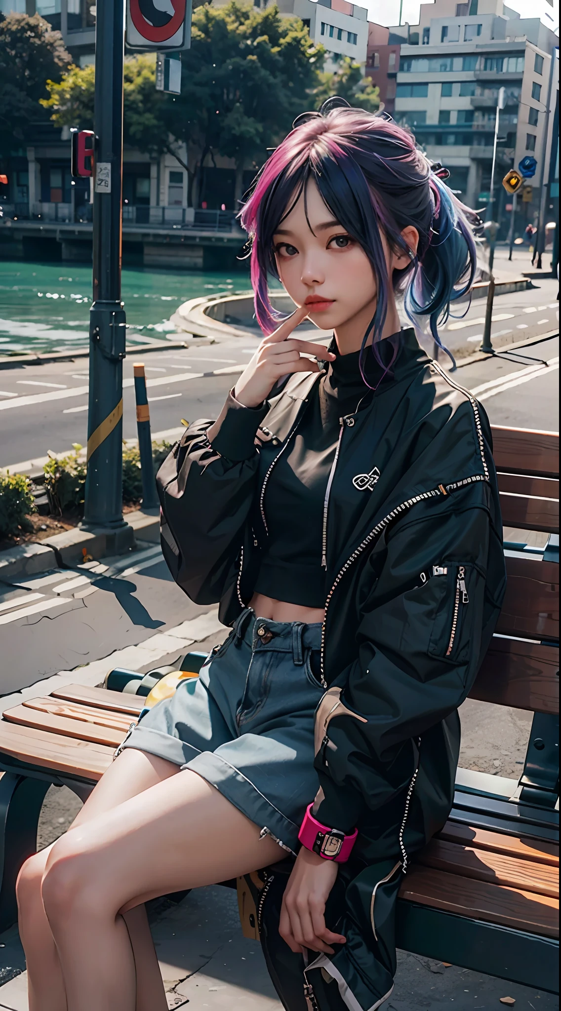 Online world, colored hair ((pretty face)), fishing nets, punk, sitting on a bench, URBAN_GAL ((best quality)), ((masterpiece)) depth of field